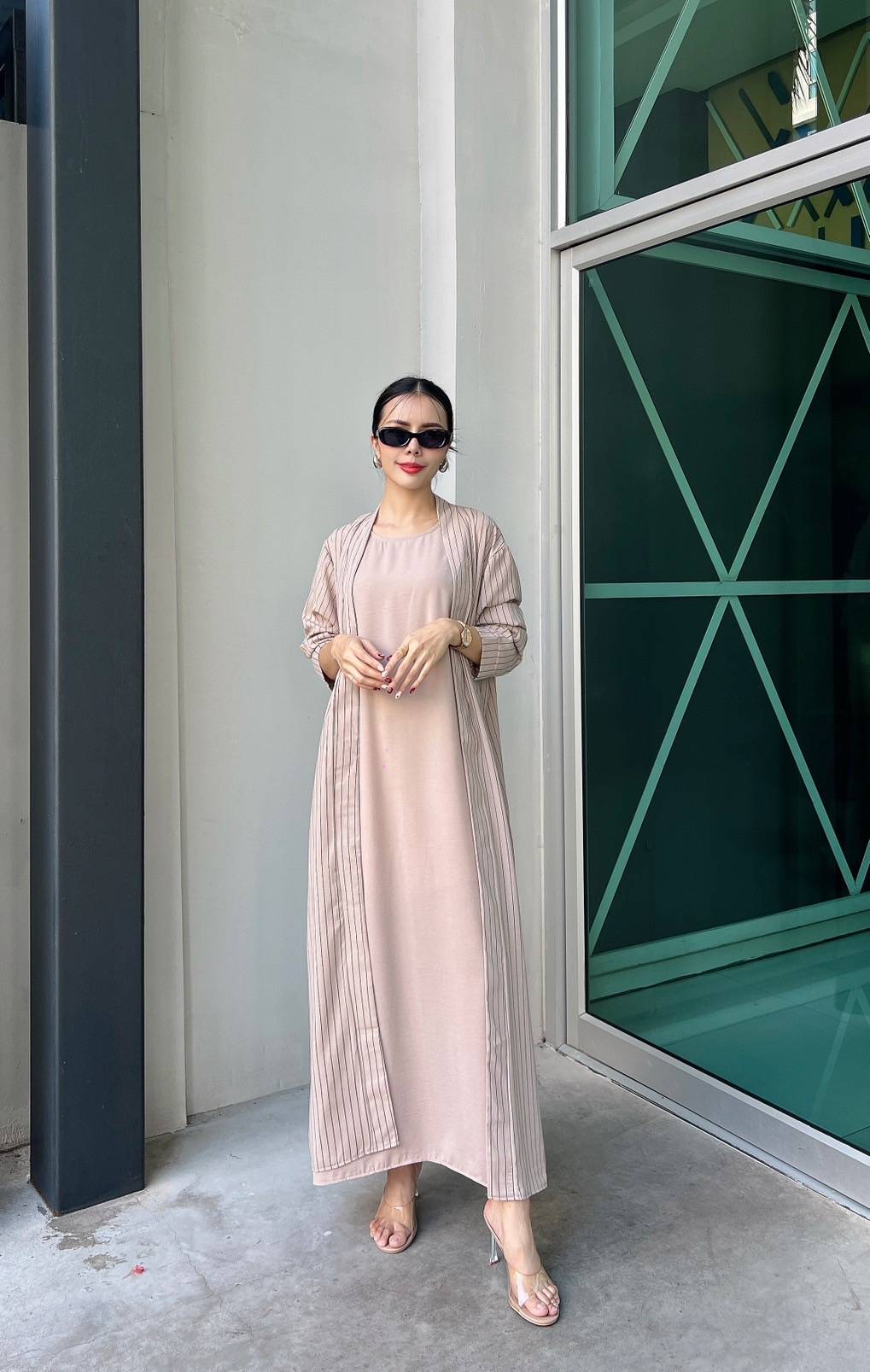 Nude Blush Pinstripe Printed Crepe Silk Dress