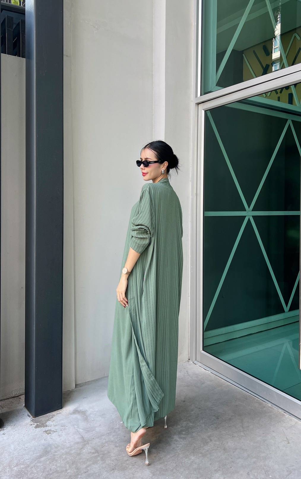 Sage Green Pinstripe Printed Crepe Silk Dress