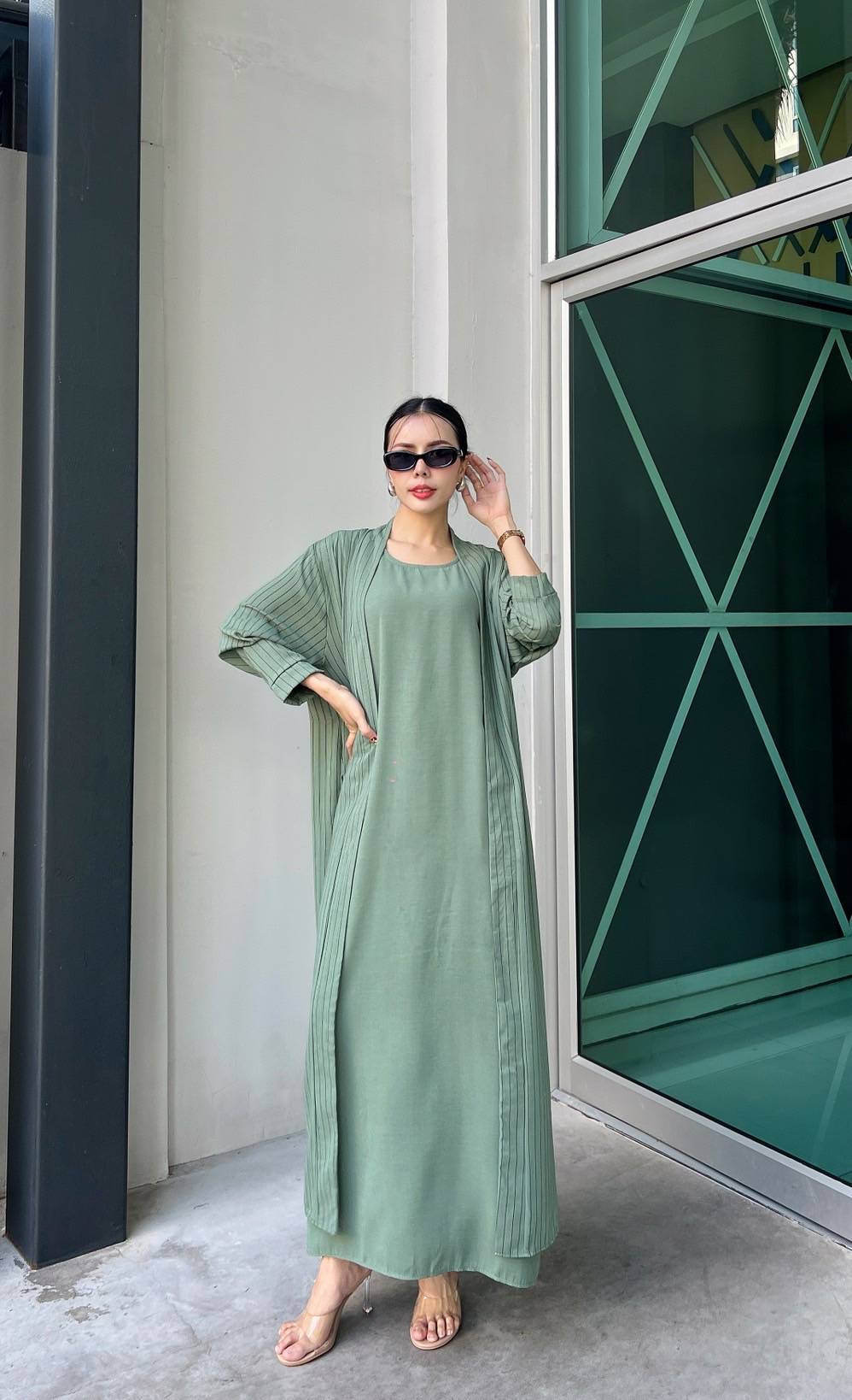 Sage Green Pinstripe Printed Crepe Silk Dress