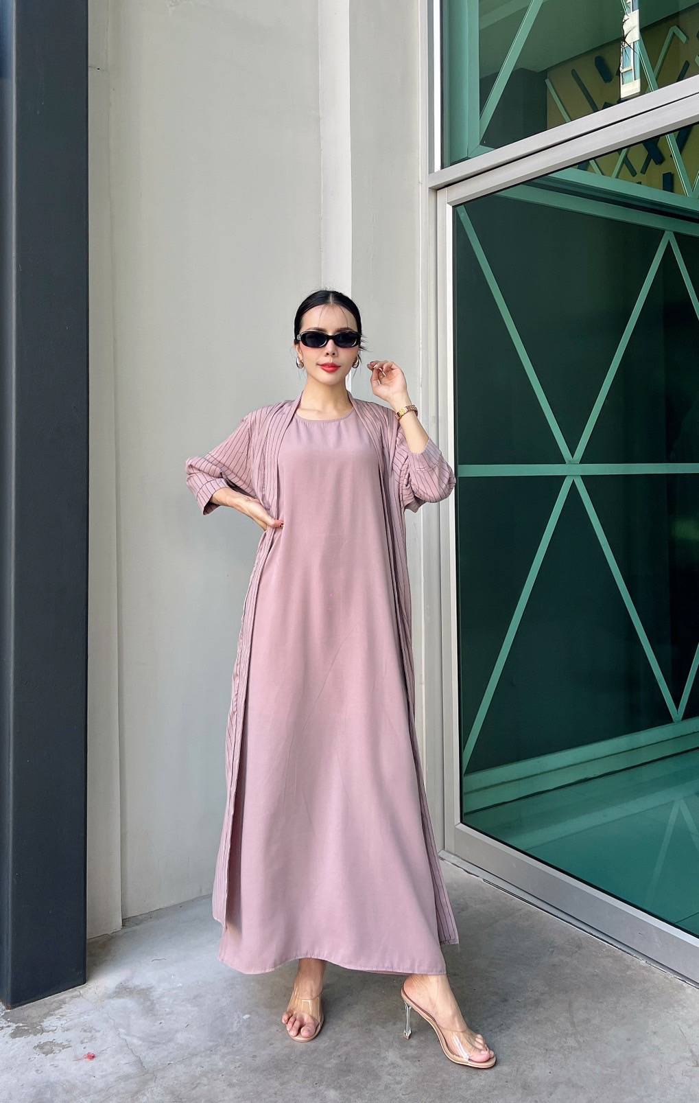 Dusty Lavender Pinstripe Printed Crepe Silk Dress