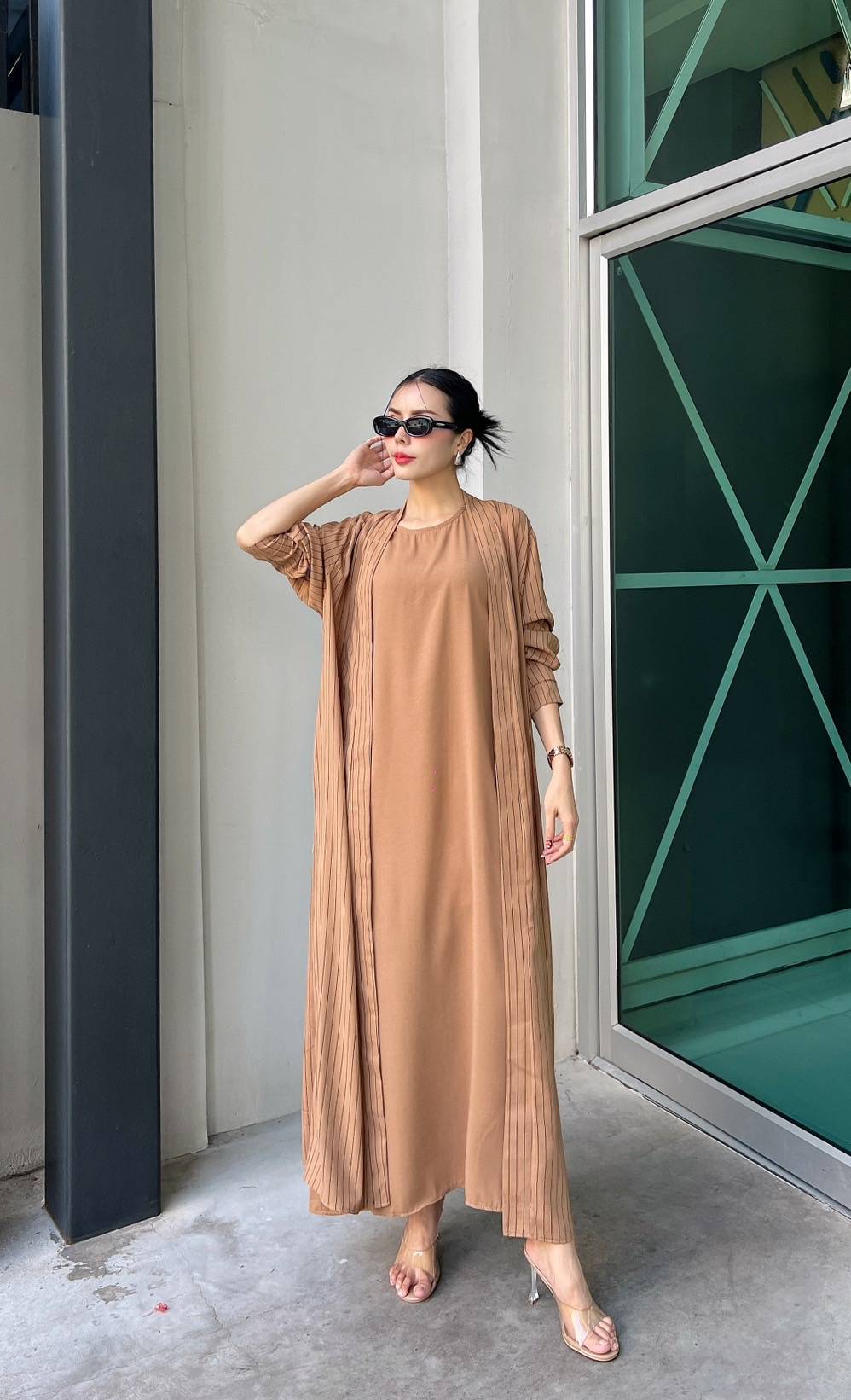 Camel Brown Pinstripe Printed Crepe Silk Dress