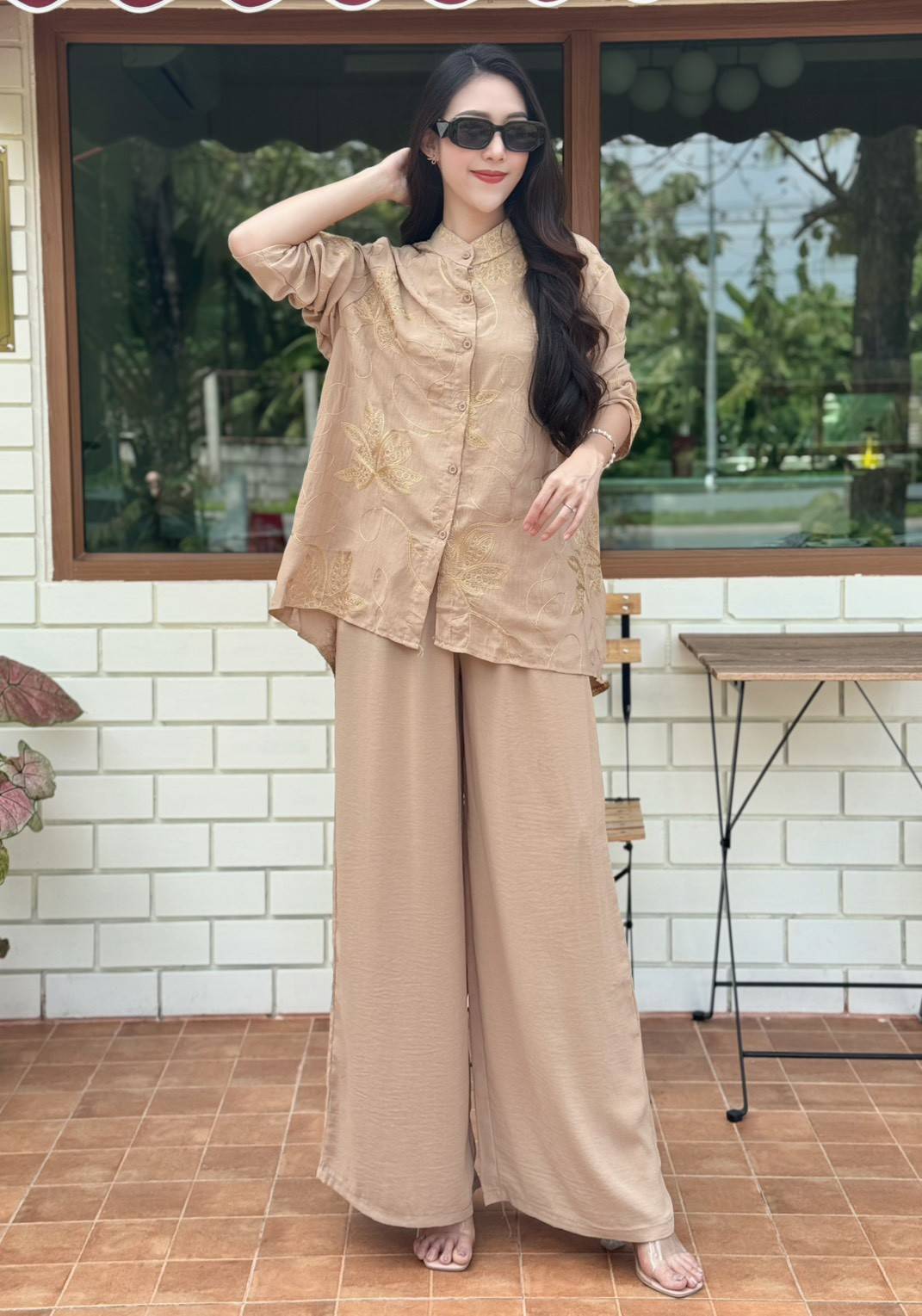Sandy Beige Embellished Crepe Silk Co-Ord Set