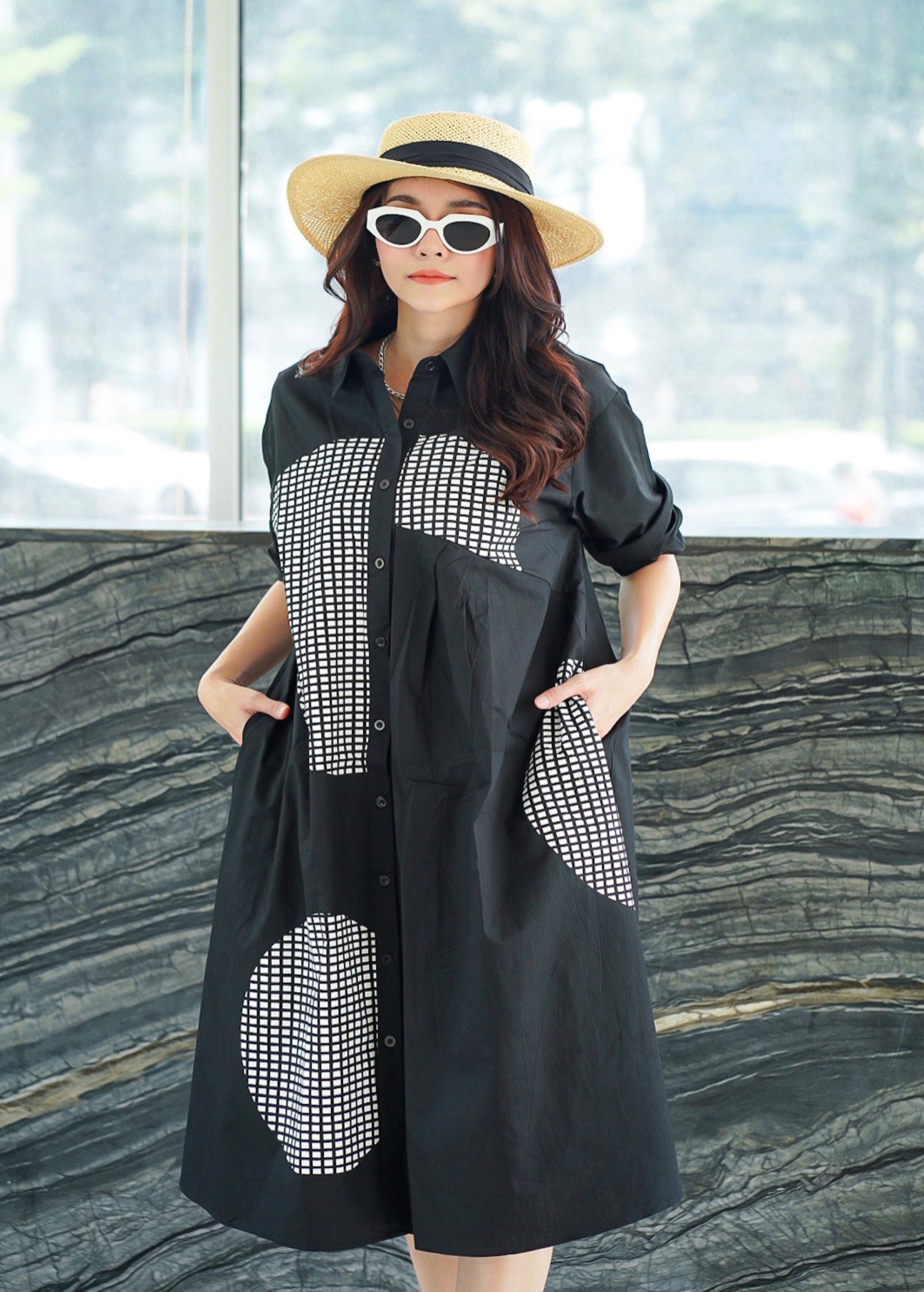 Black Geometric Printed Cotton Dress