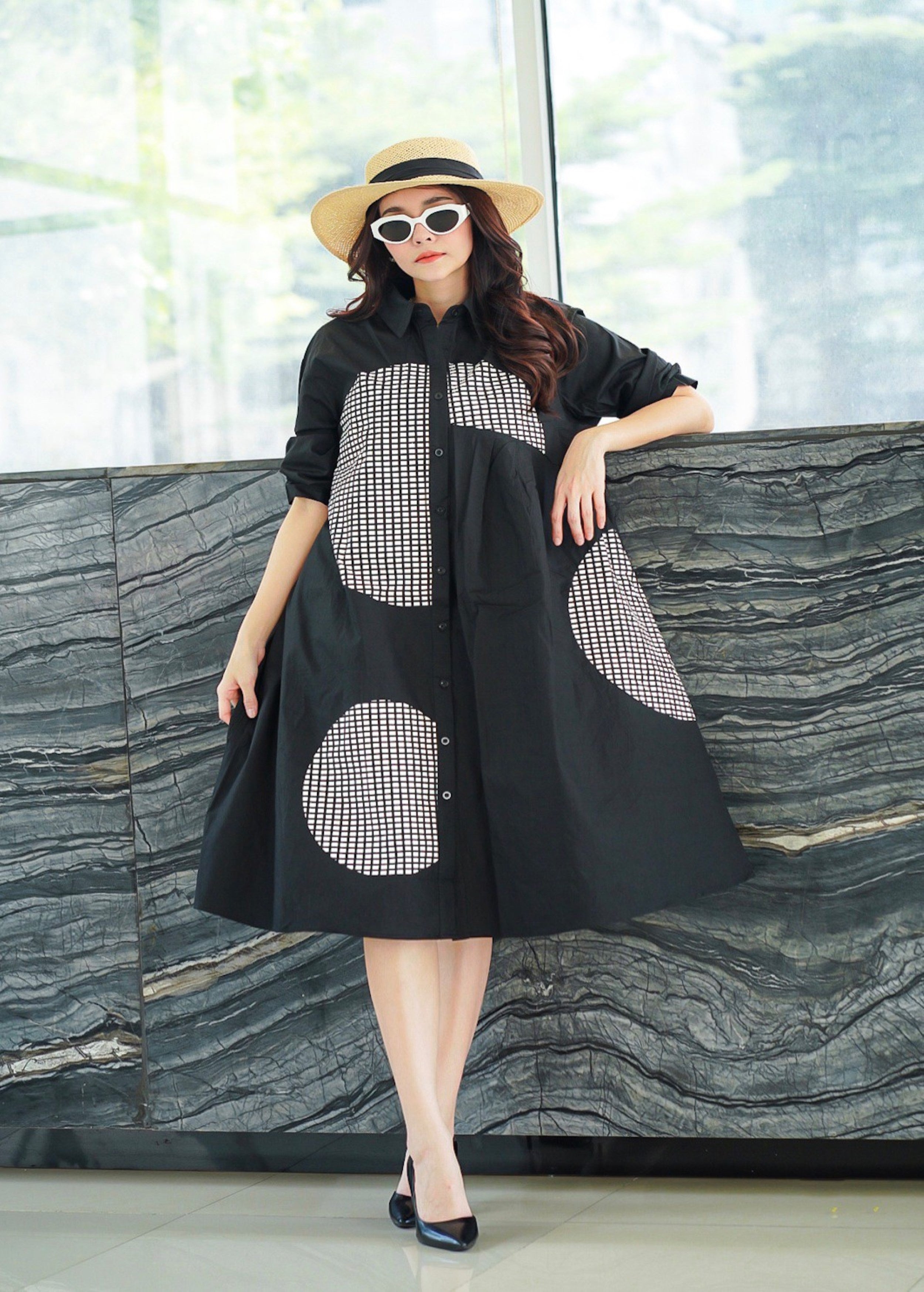 Black Geometric Printed Cotton Dress