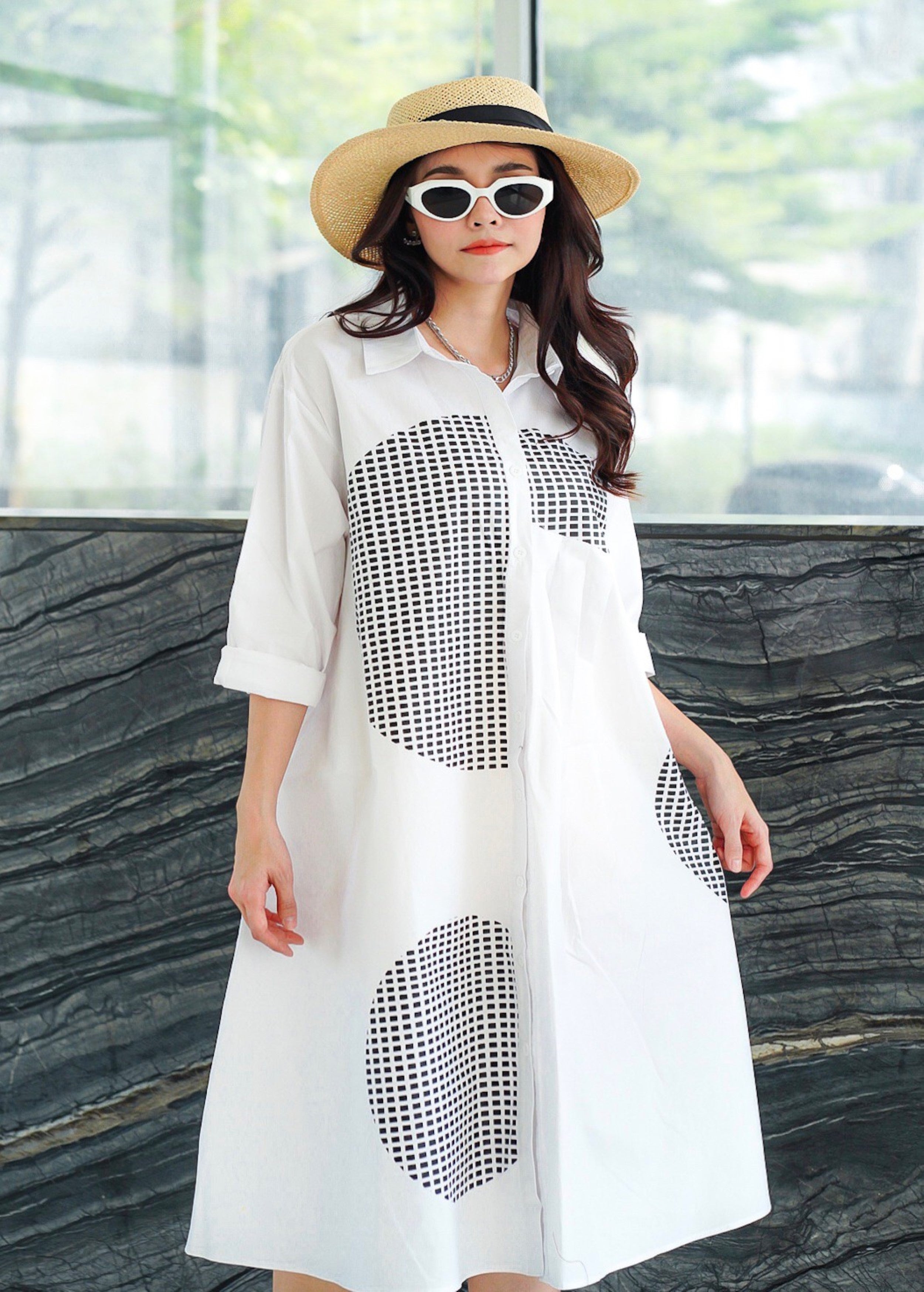 White Geometric Printed Cotton Dress
