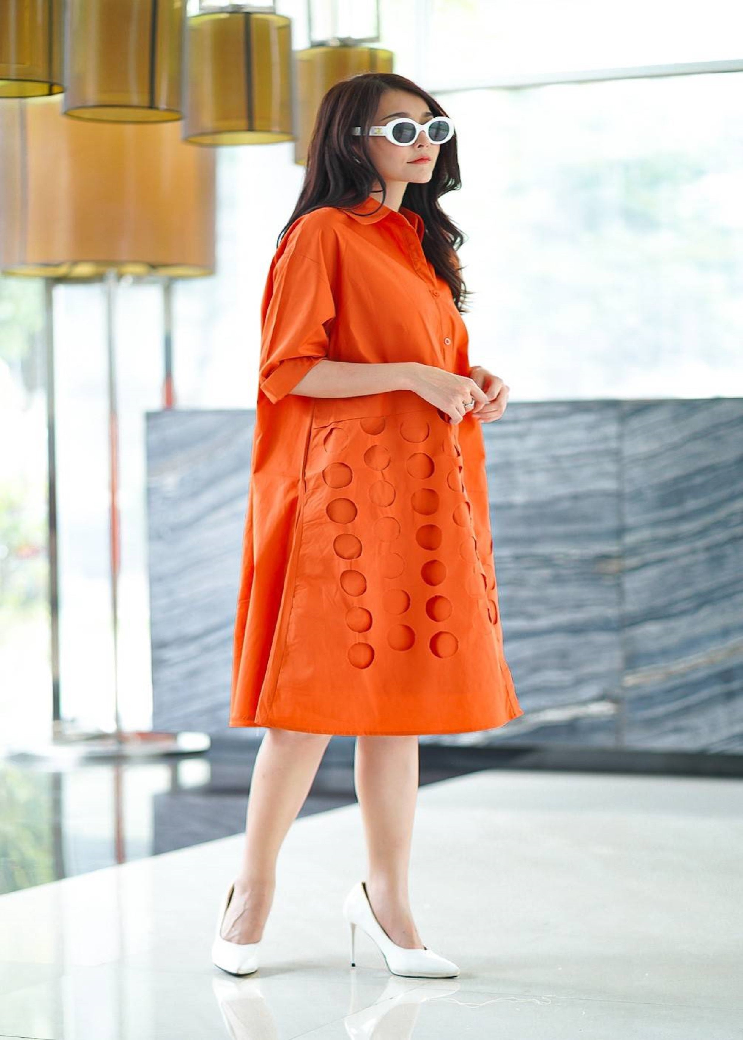 Bright Tangerine Die Cut Panel Work Tunic Dress