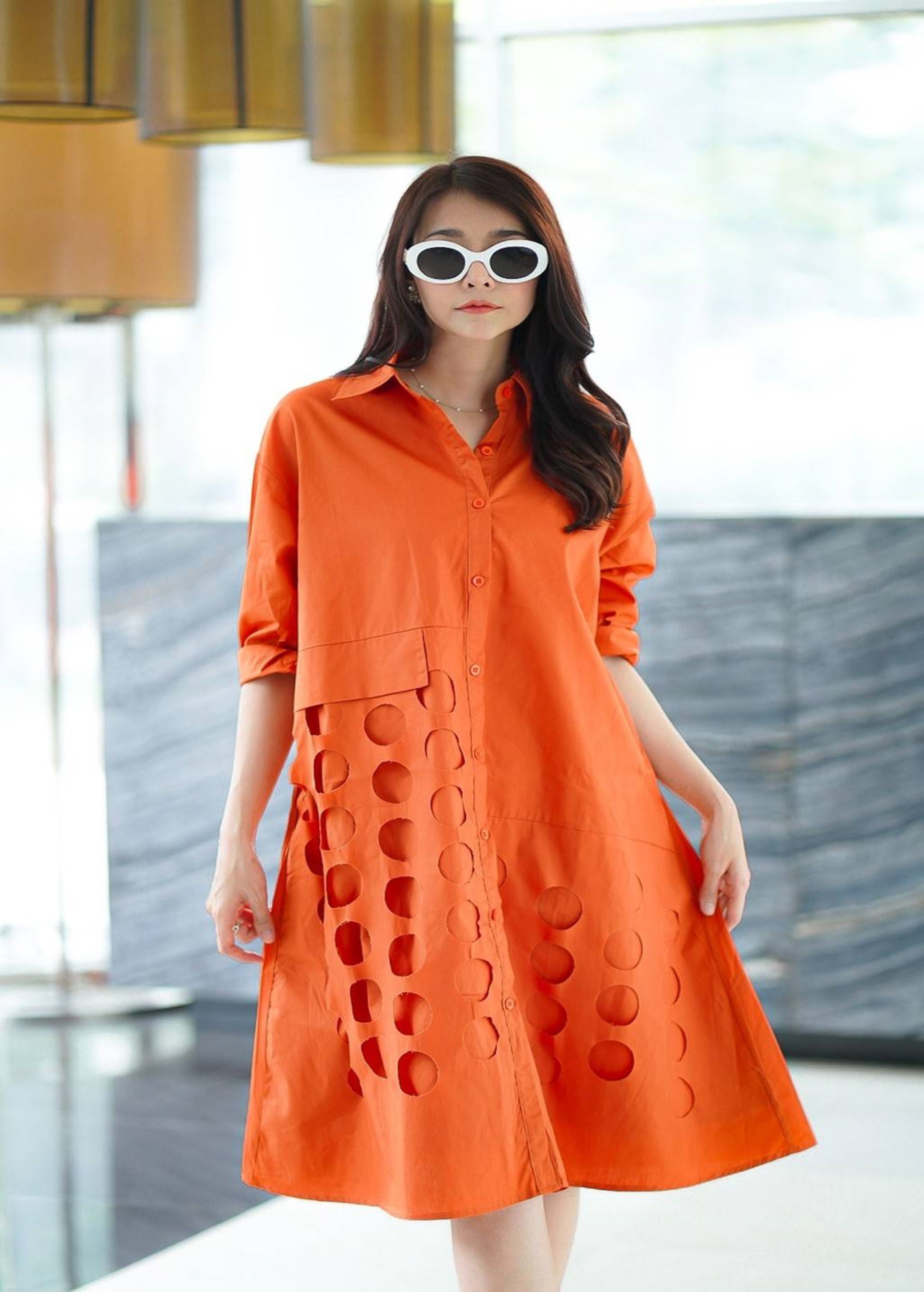 Bright Tangerine Die Cut Panel Work Tunic Dress