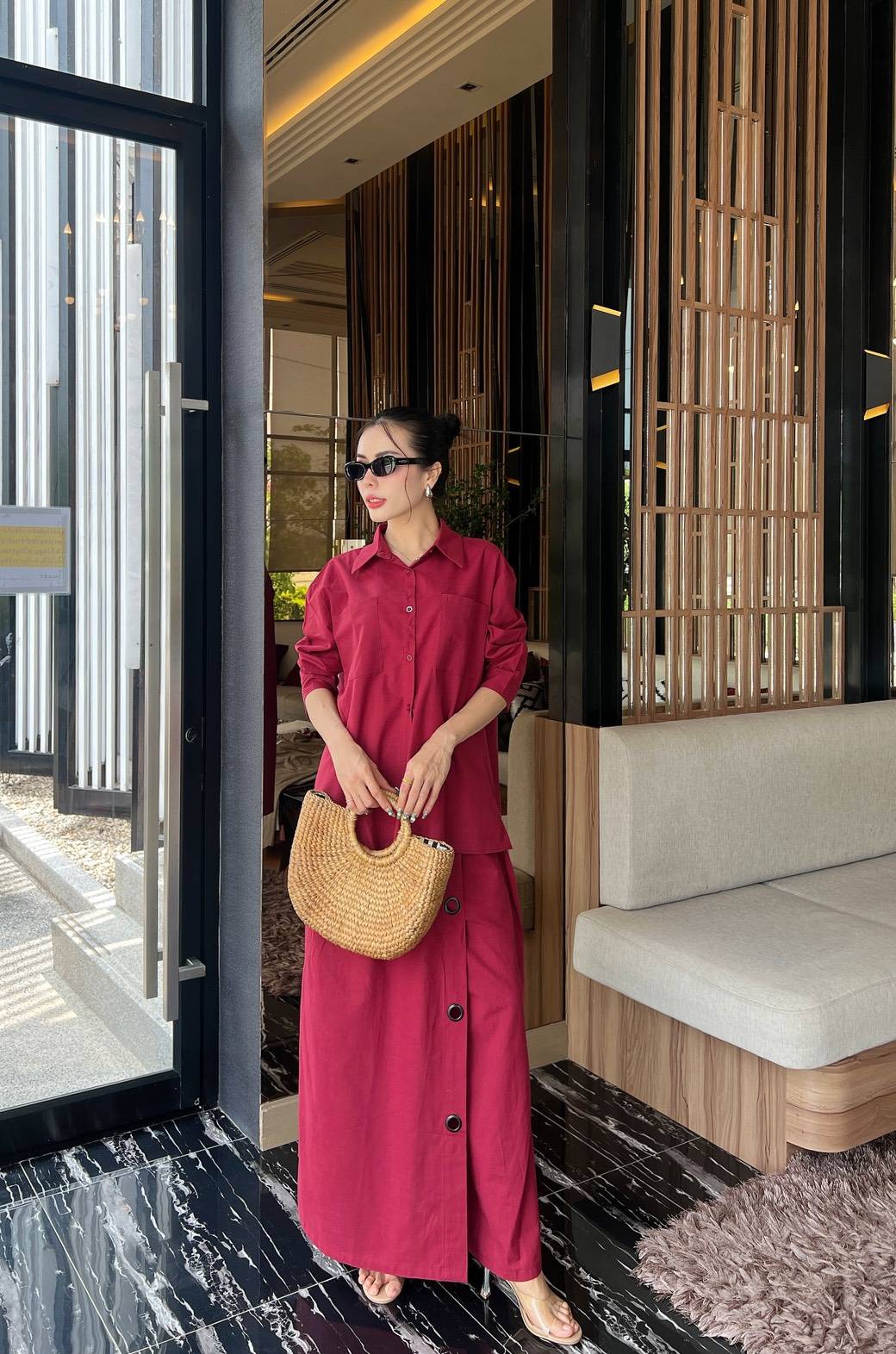 Berry Button-Detail Organic Cotton Co-Ord Set