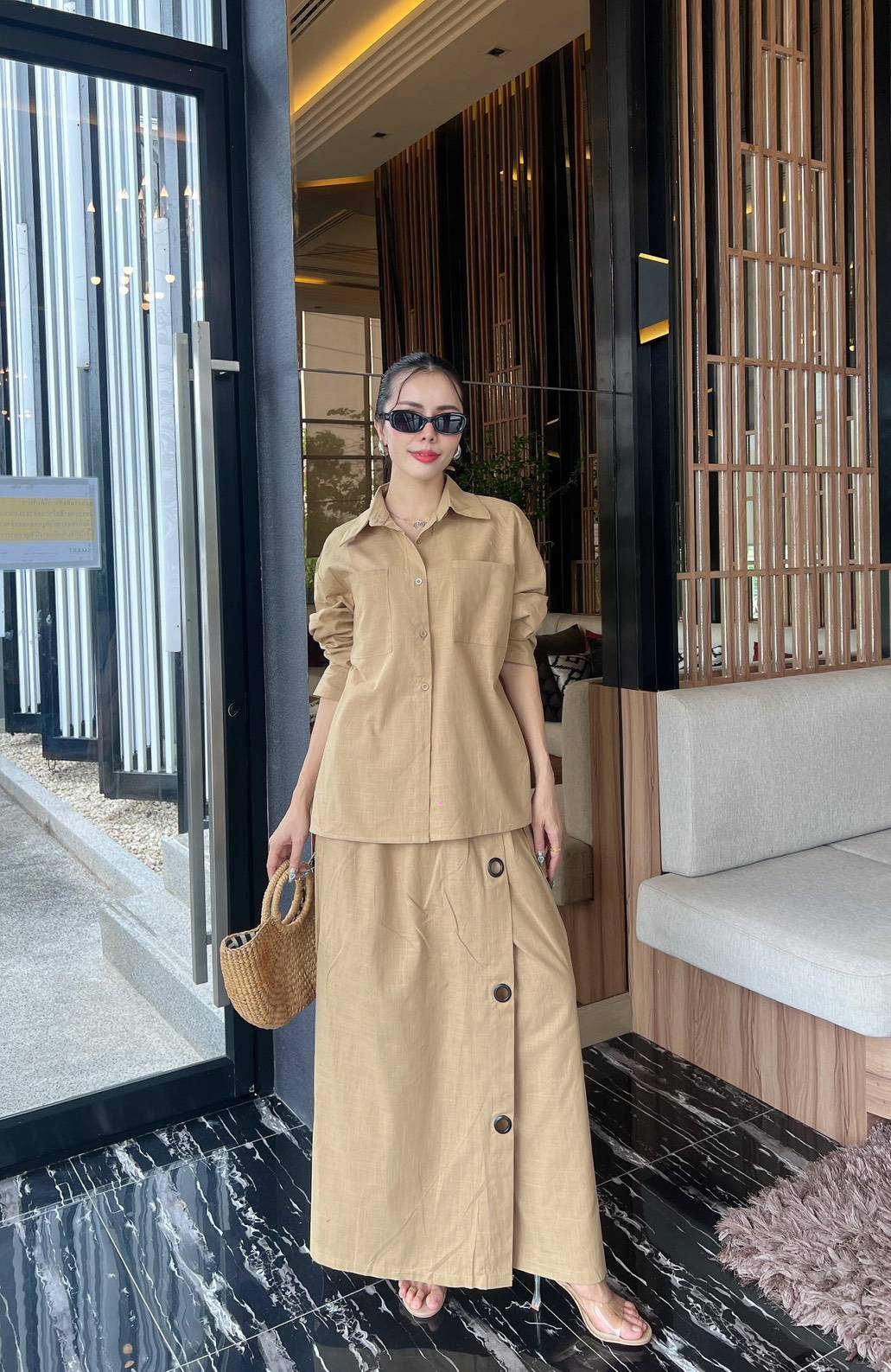 Tan Button-Detail Organic Cotton Co-Ord Set