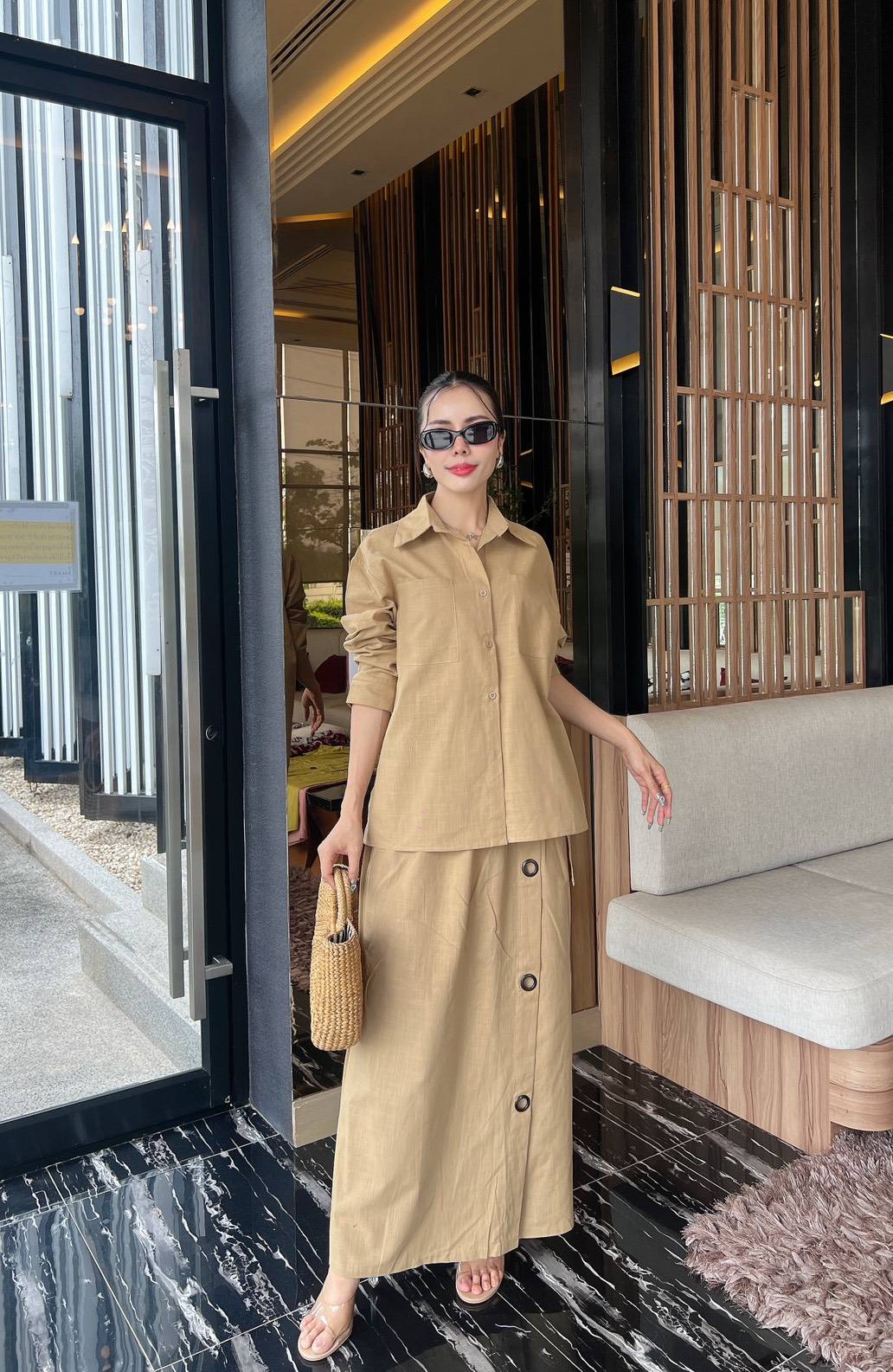 Tan Button-Detail Organic Cotton Co-Ord Set