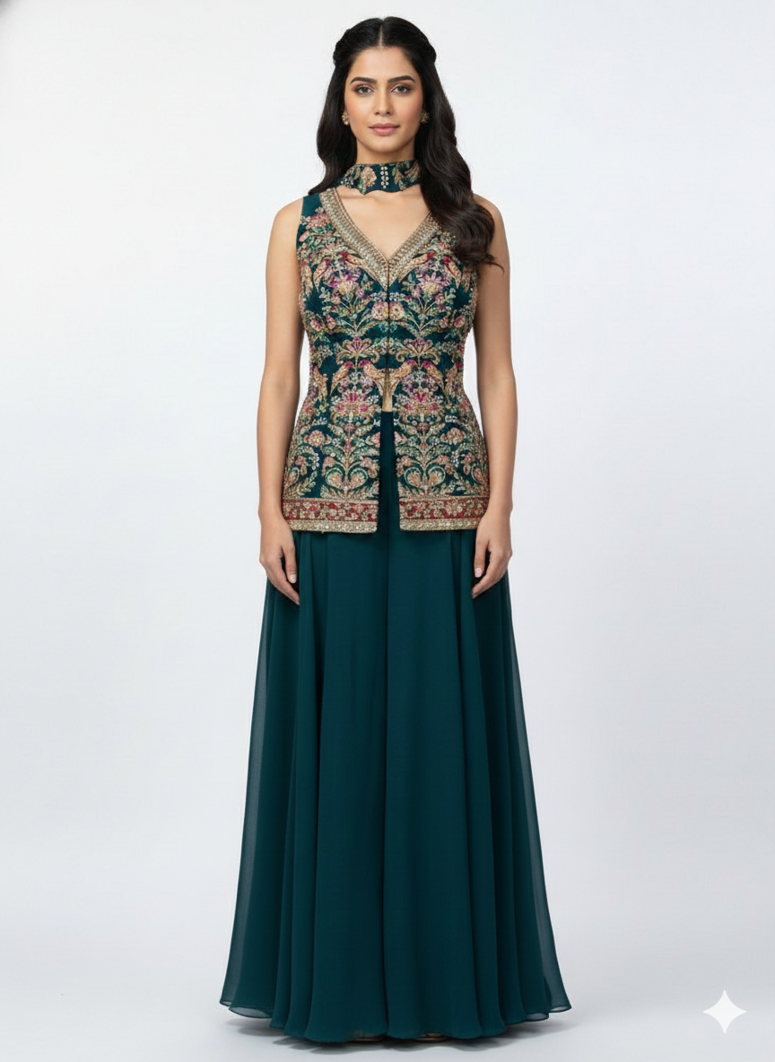 Rich Teal Embellished Georgette Silk Palazzo Set