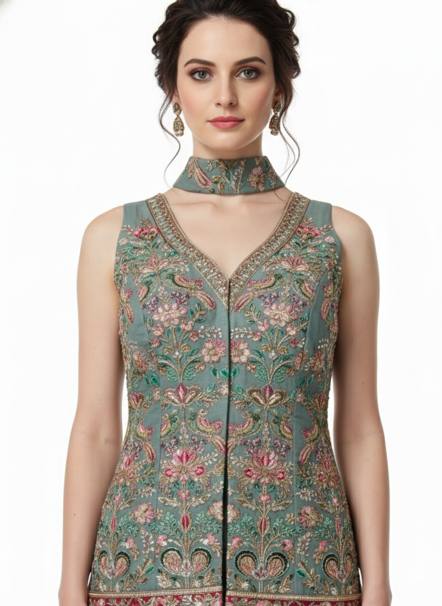 Dusty Sage Embellished Georgette Silk Palazzo Set