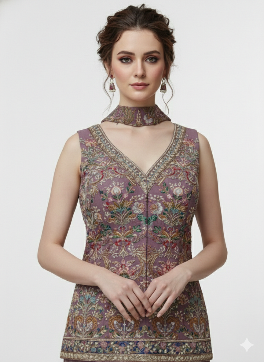 Dusty Rose Embellished Georgette Silk Palazzo Set