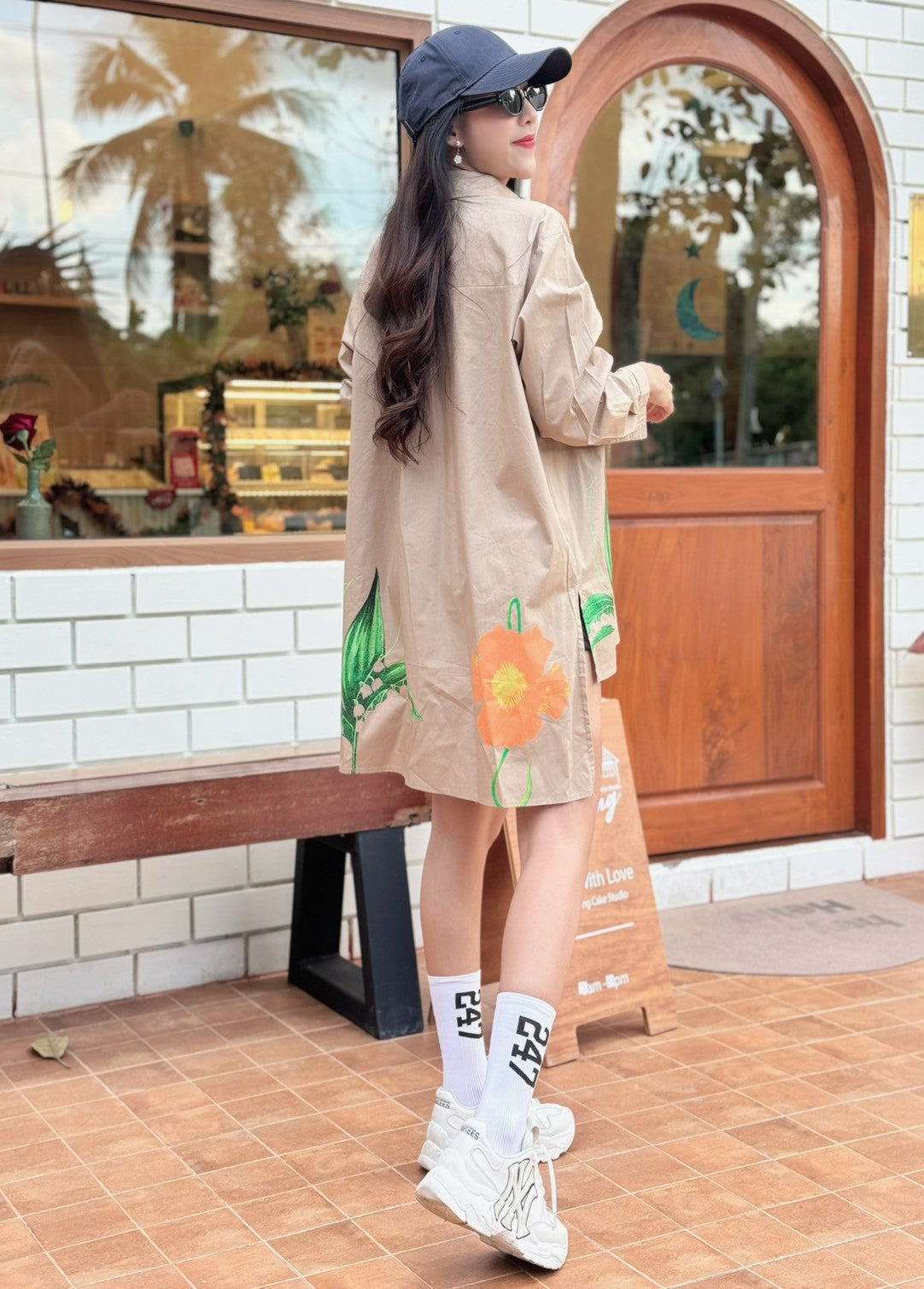 Beige Botanical Printed Cotton Shirt Dress