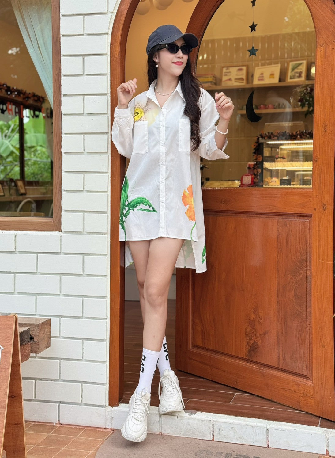 White Botanical Printed Cotton Shirt Dress