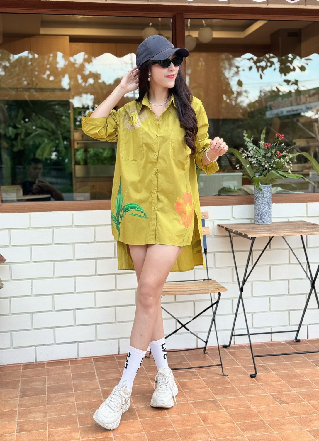 Olive Mustard Botanical Printed Cotton Shirt Dress