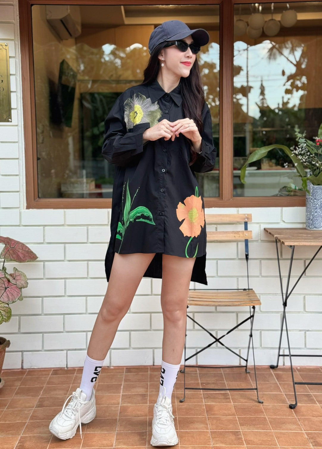 Black Botanical Printed Cotton Shirt Dress