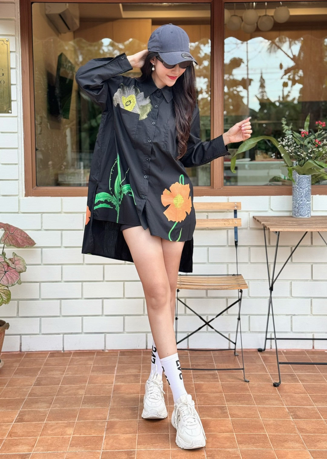 Black Botanical Printed Cotton Shirt Dress