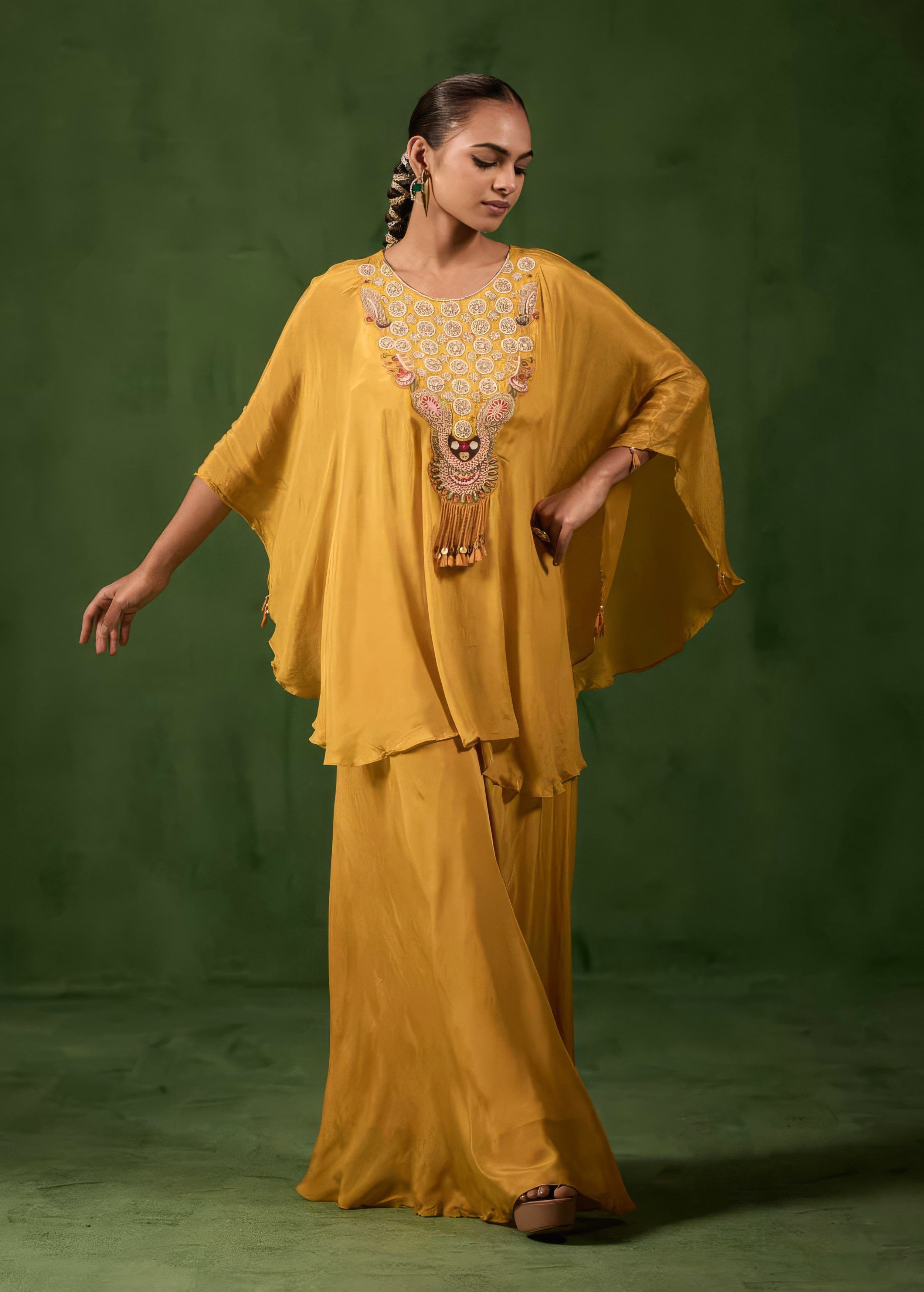 Golden Mustard Embellished Chinon Silk Kaftan Set