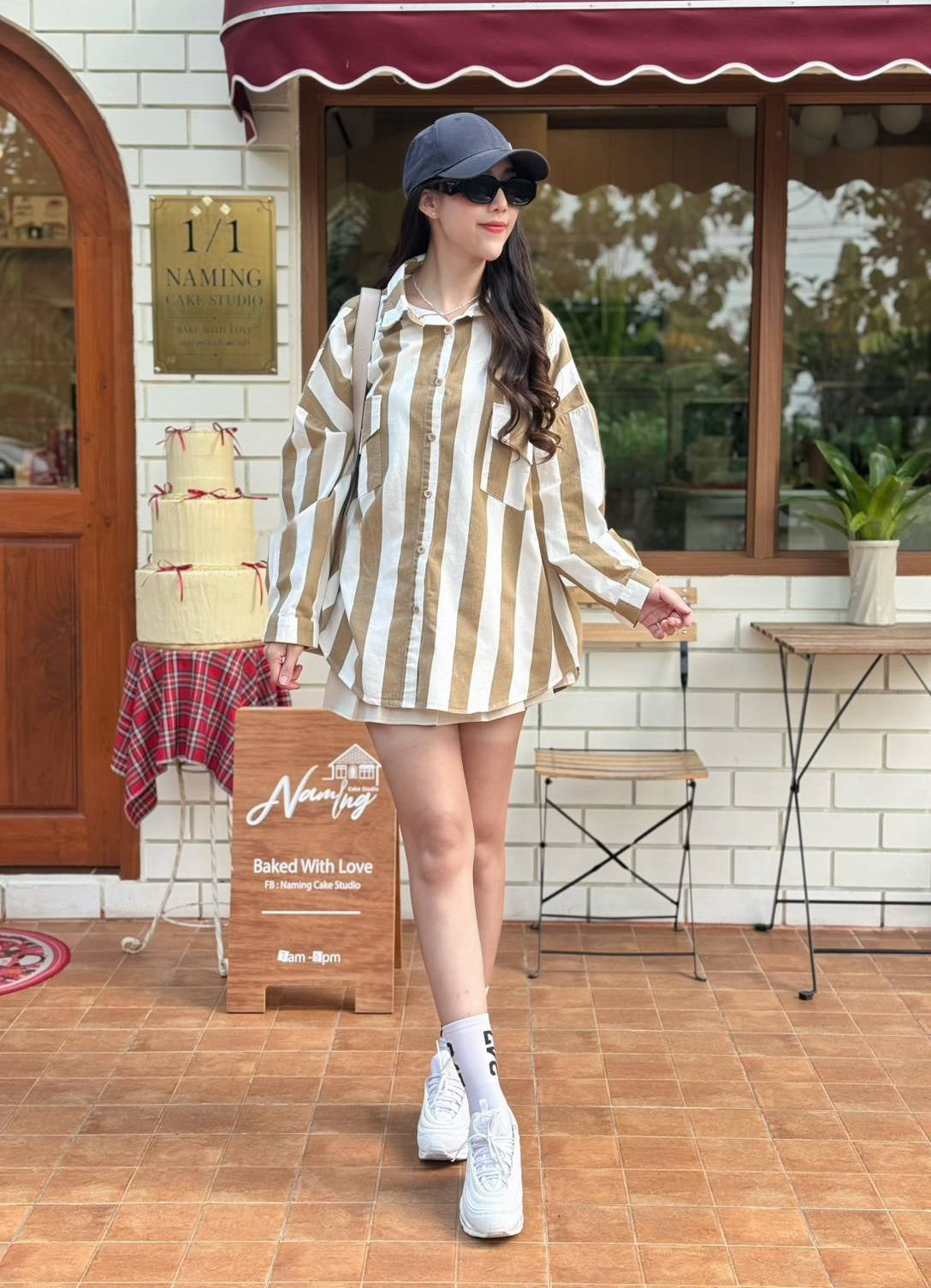 Khakhi-White Bold Striped Oversized Light Denim Shirt