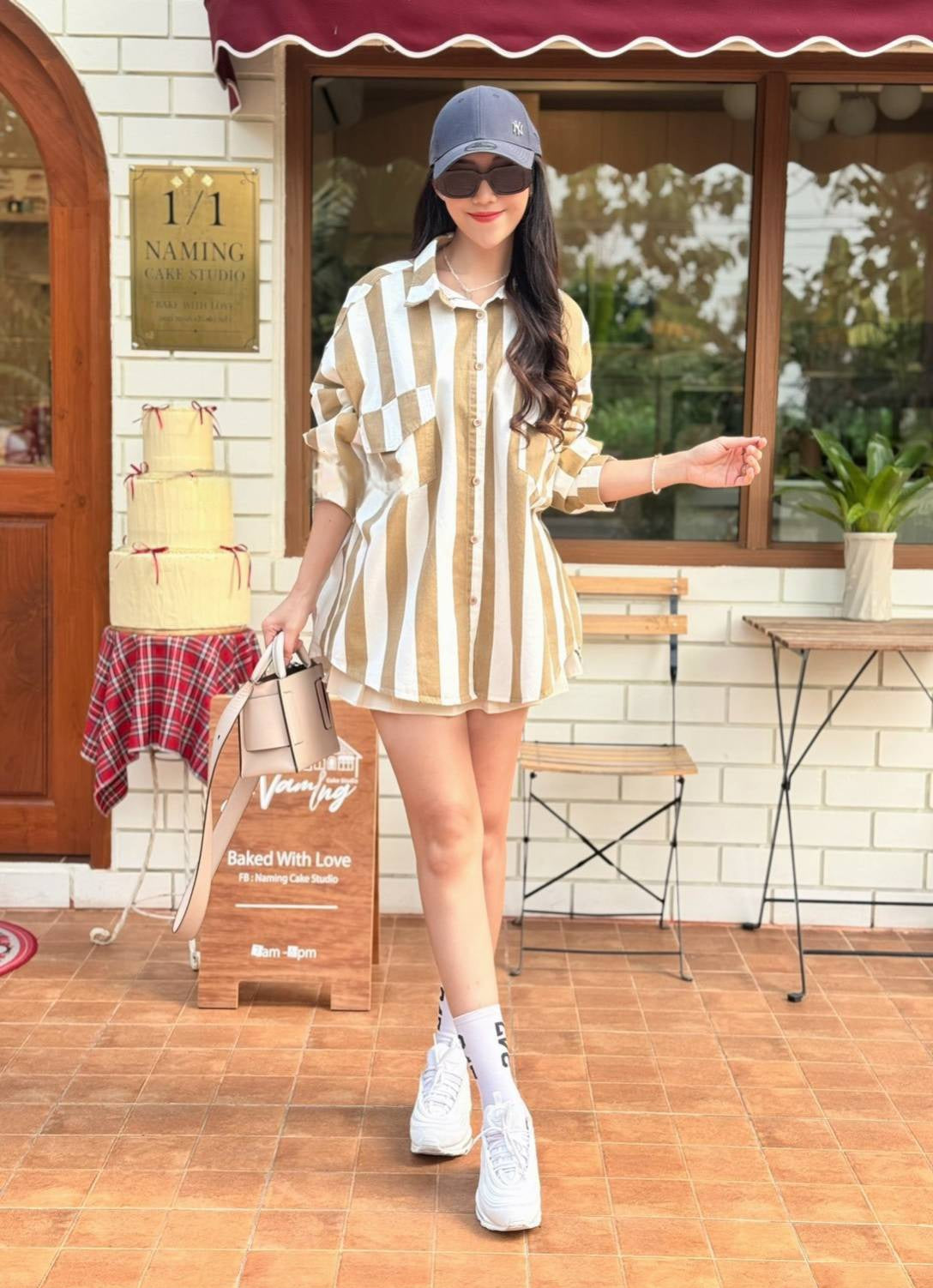 Khakhi-White Bold Striped Oversized Light Denim Shirt