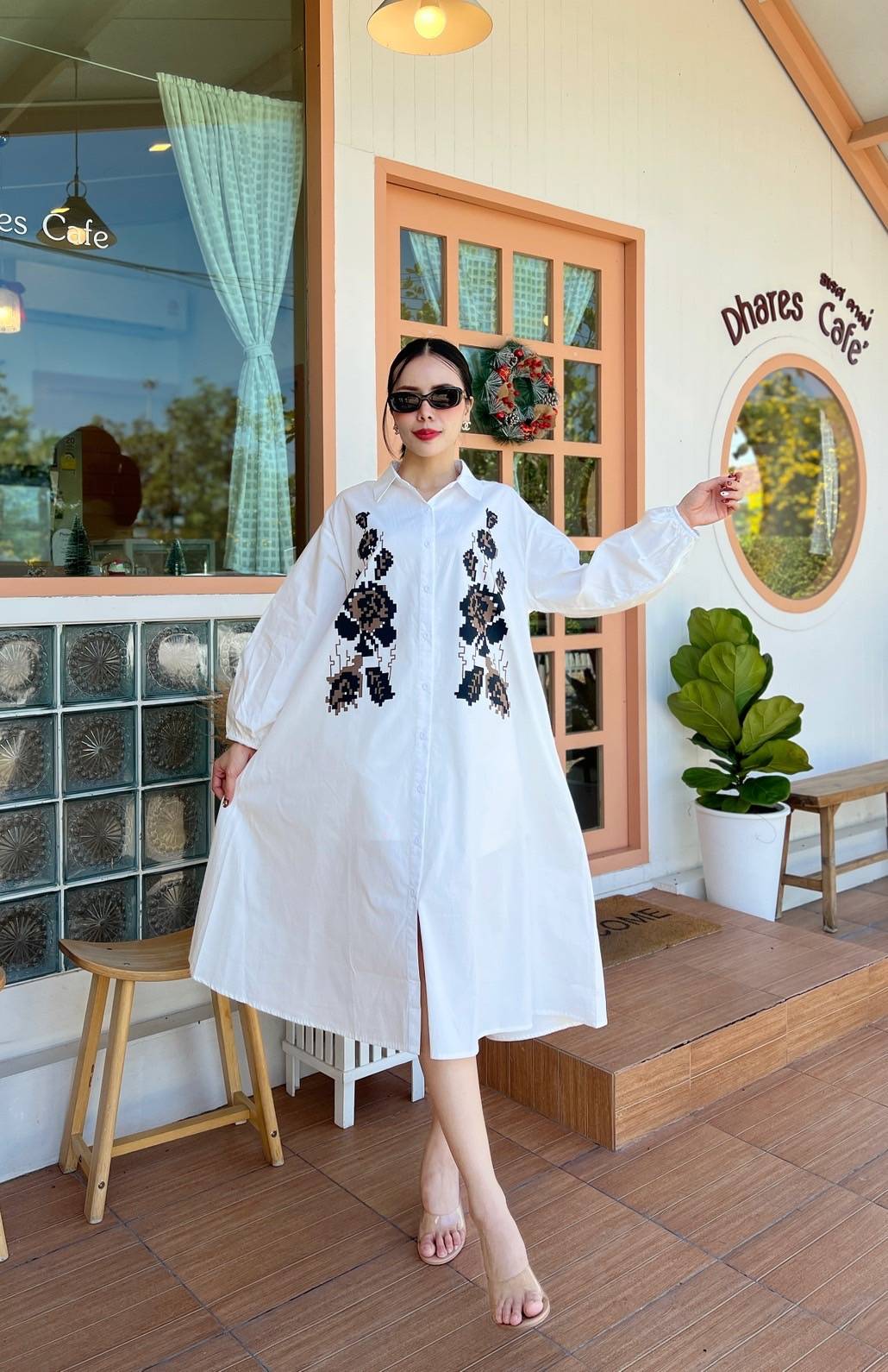 White 3D Patchwork Oversized Cotton Shirt Dress