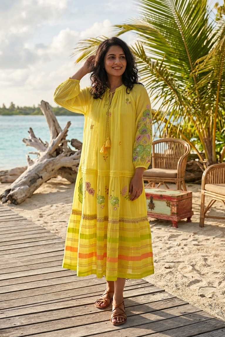Lemon Yellow Embroidered Chanderi Silk Midi Dress