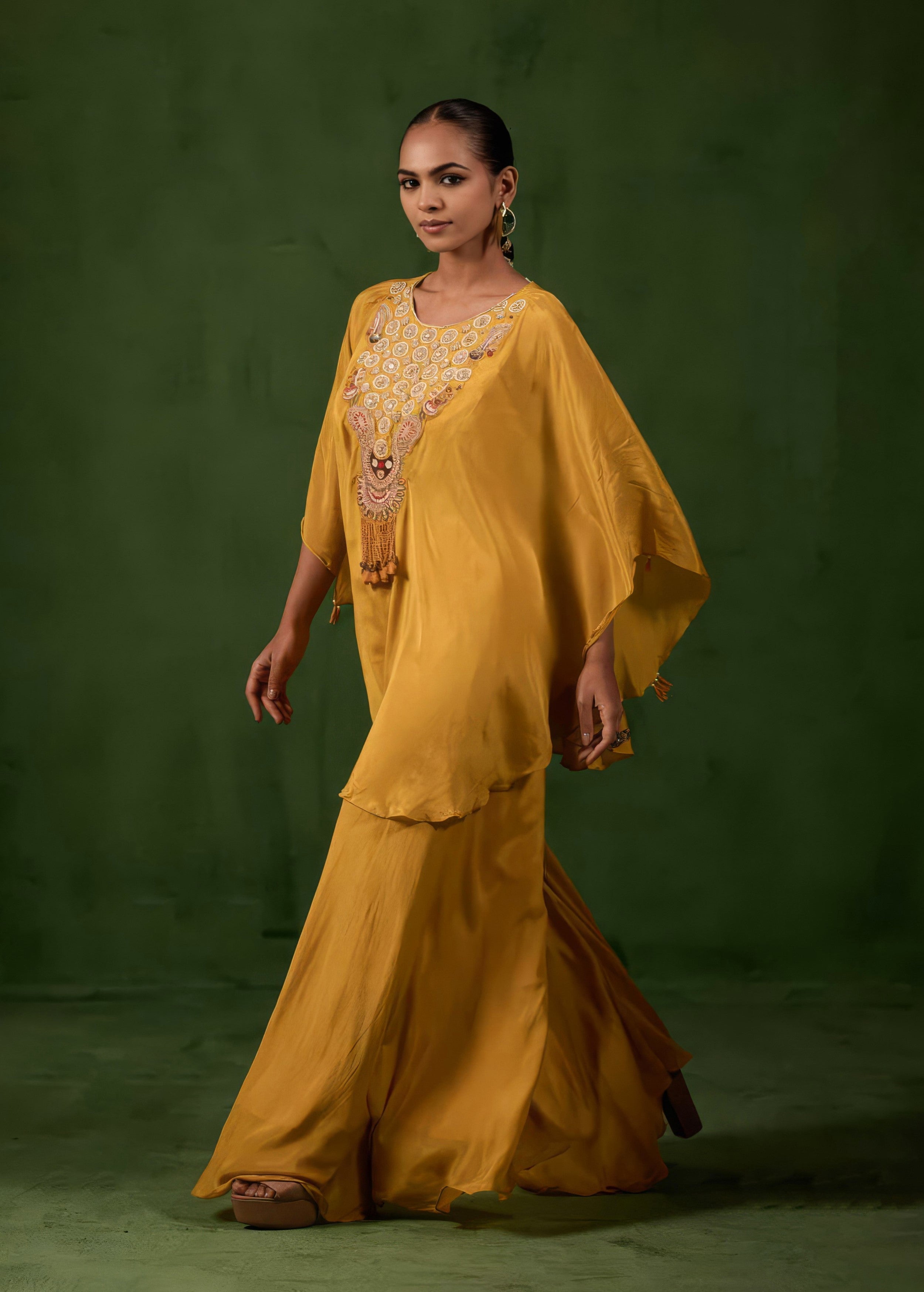 Golden Mustard Embellished Chinon Silk Kaftan Set