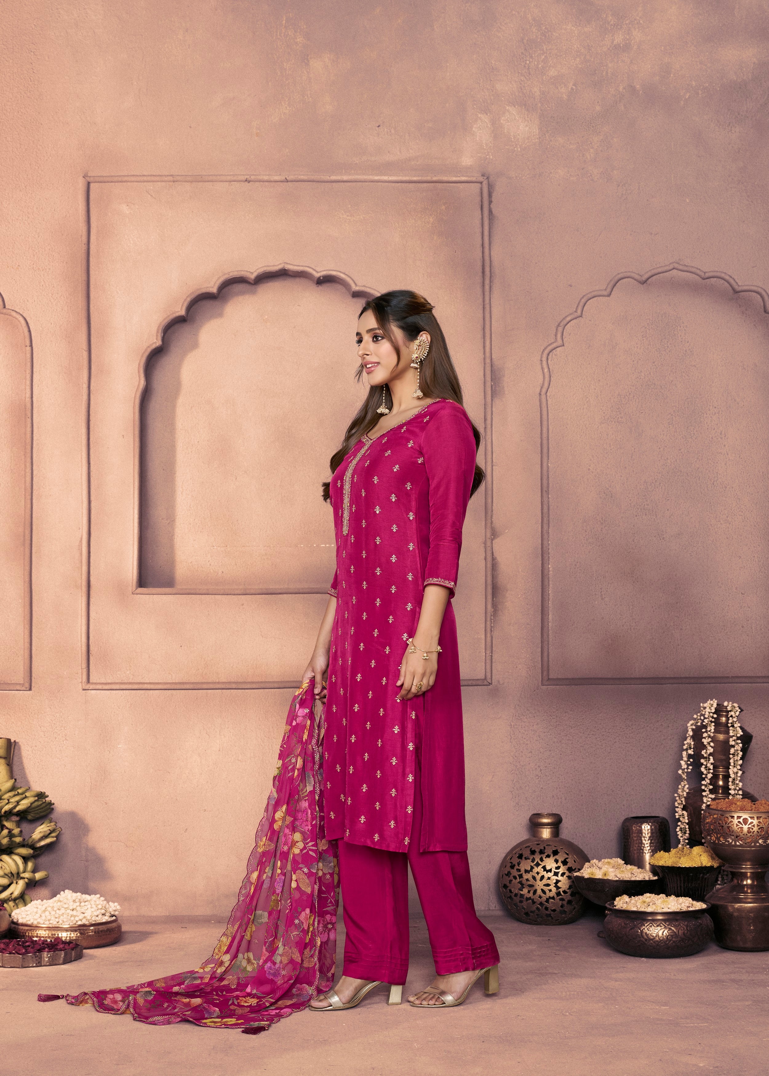 Rani Pink Embellished Dola Silk Pant Set