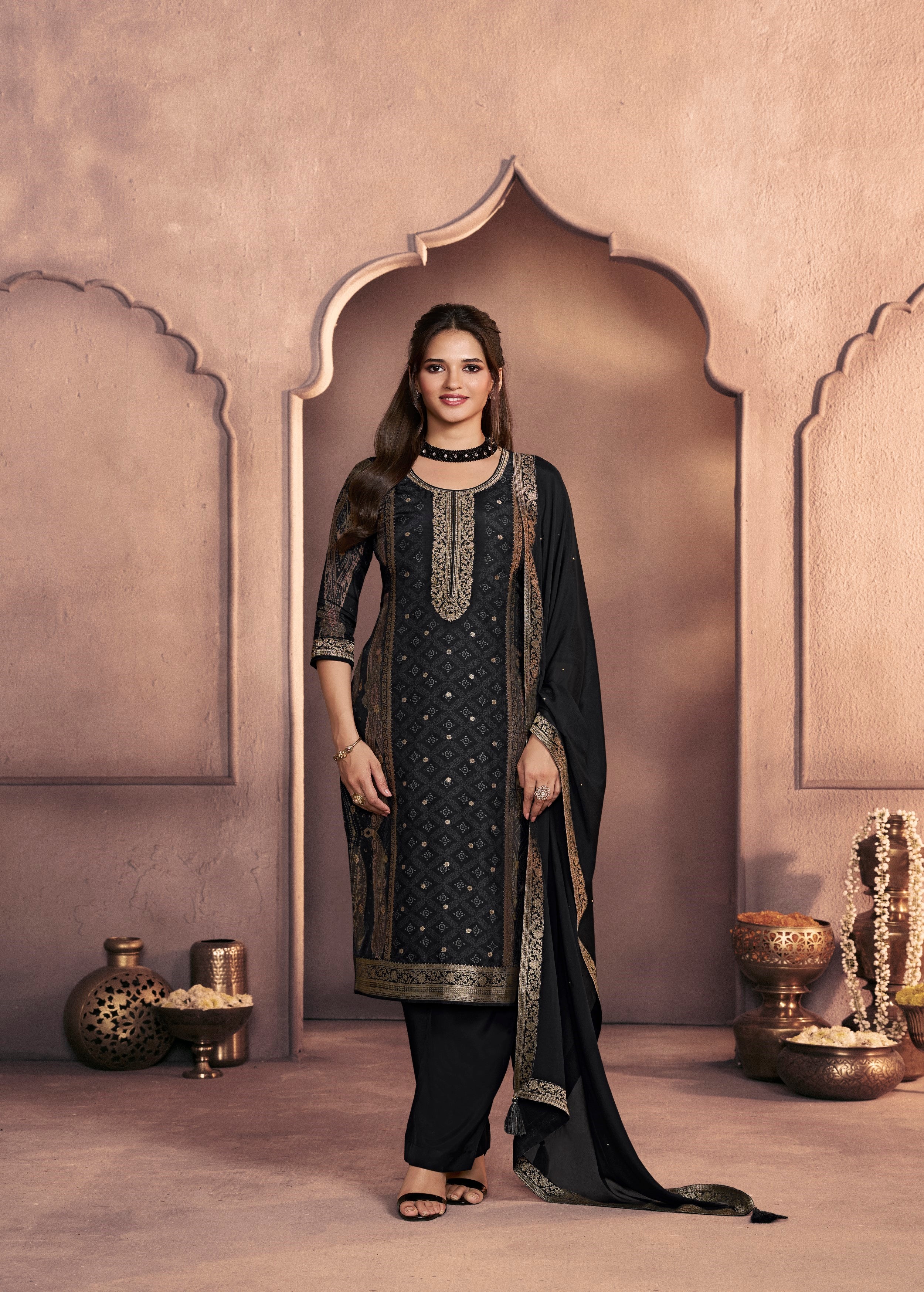 Jet Black Embellished Dola Silk Pant Set