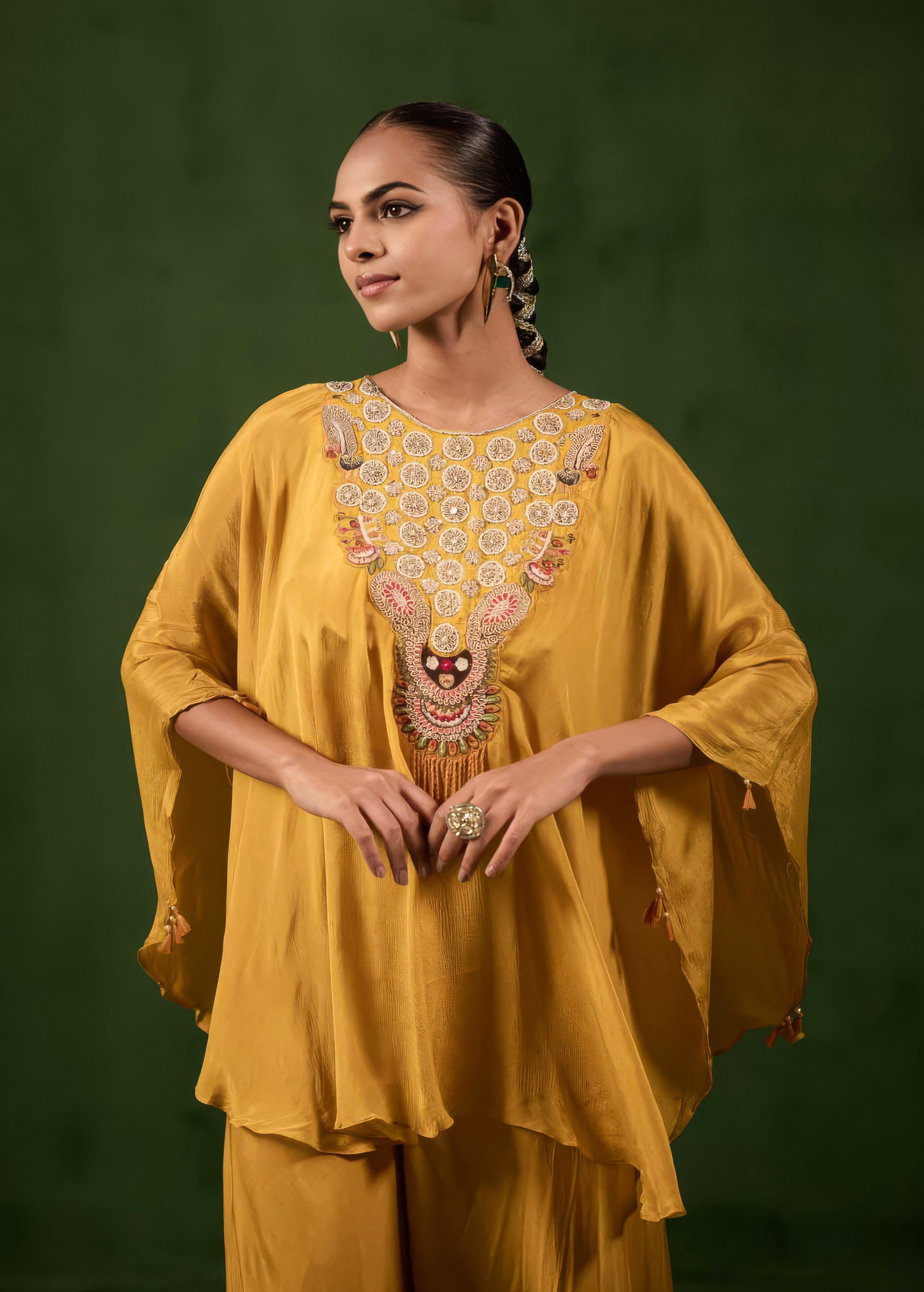 Golden Mustard Embellished Chinon Silk Kaftan Set
