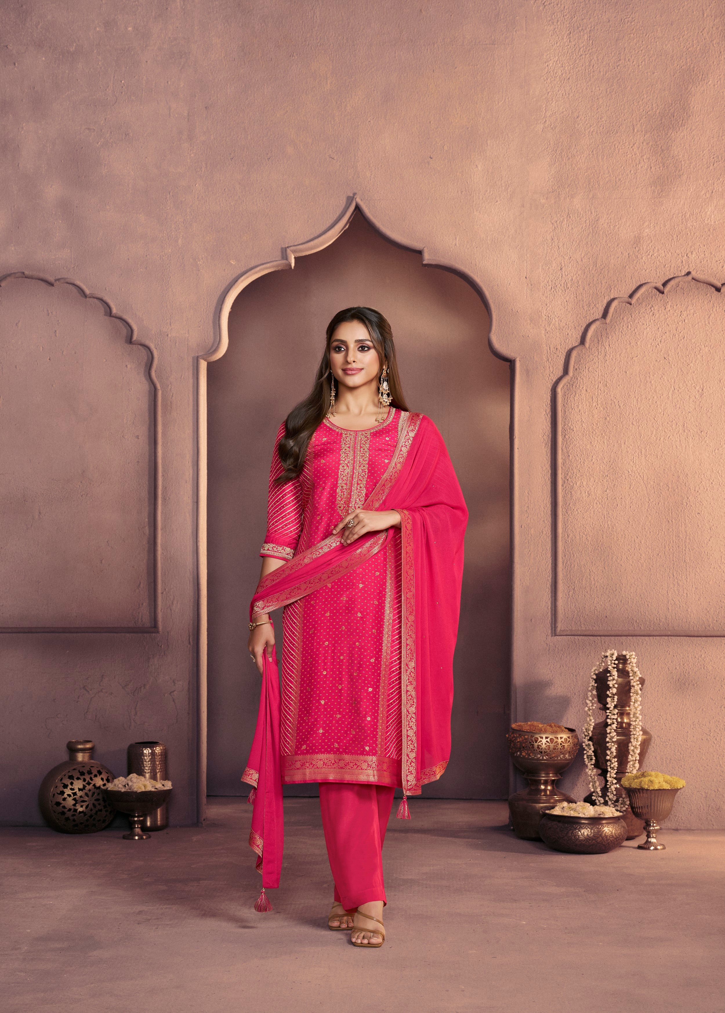 Vibrant Pink Printed Dola Silk Pant Set