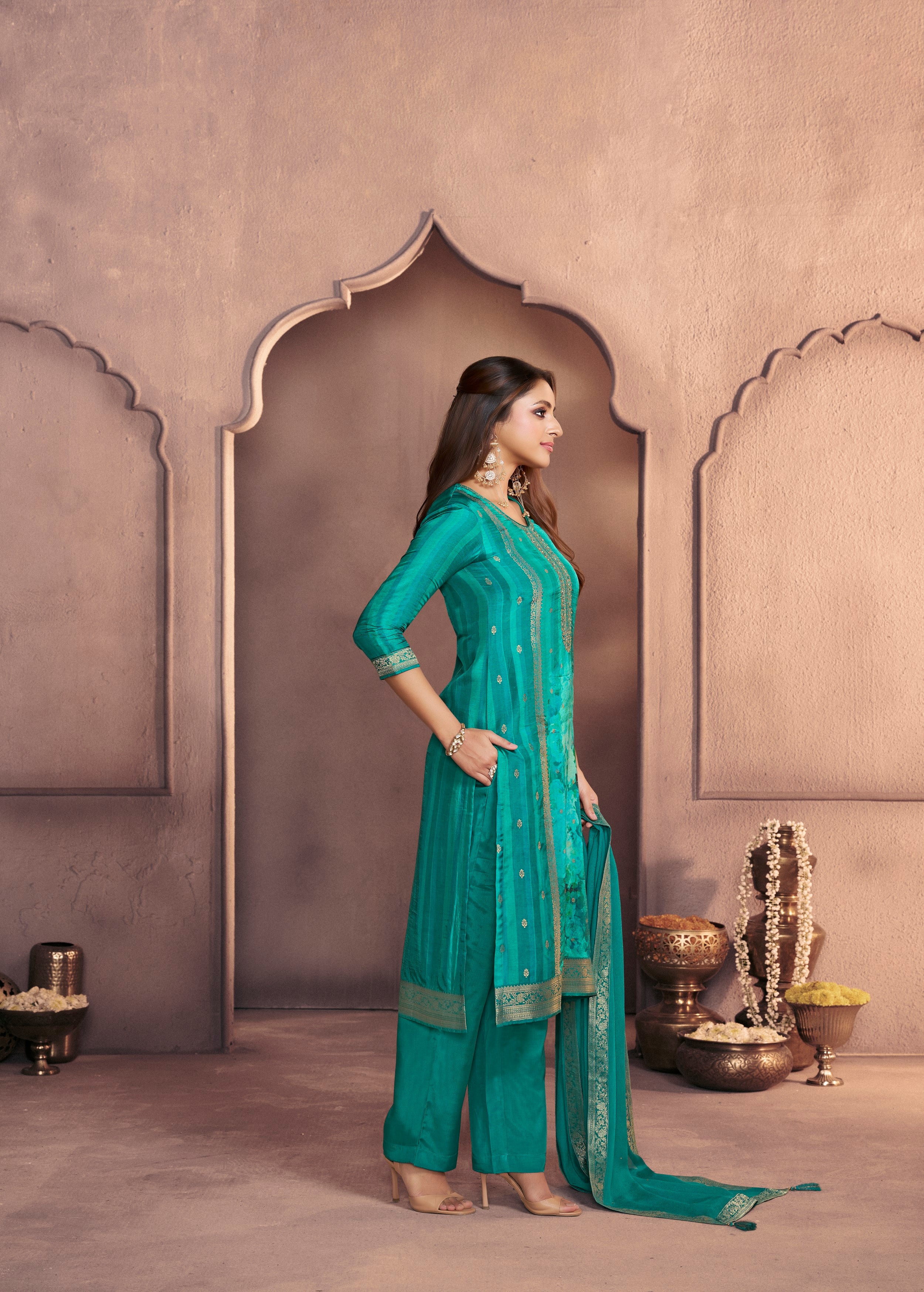 Peacock Green Printed Dola Silk Pant Set