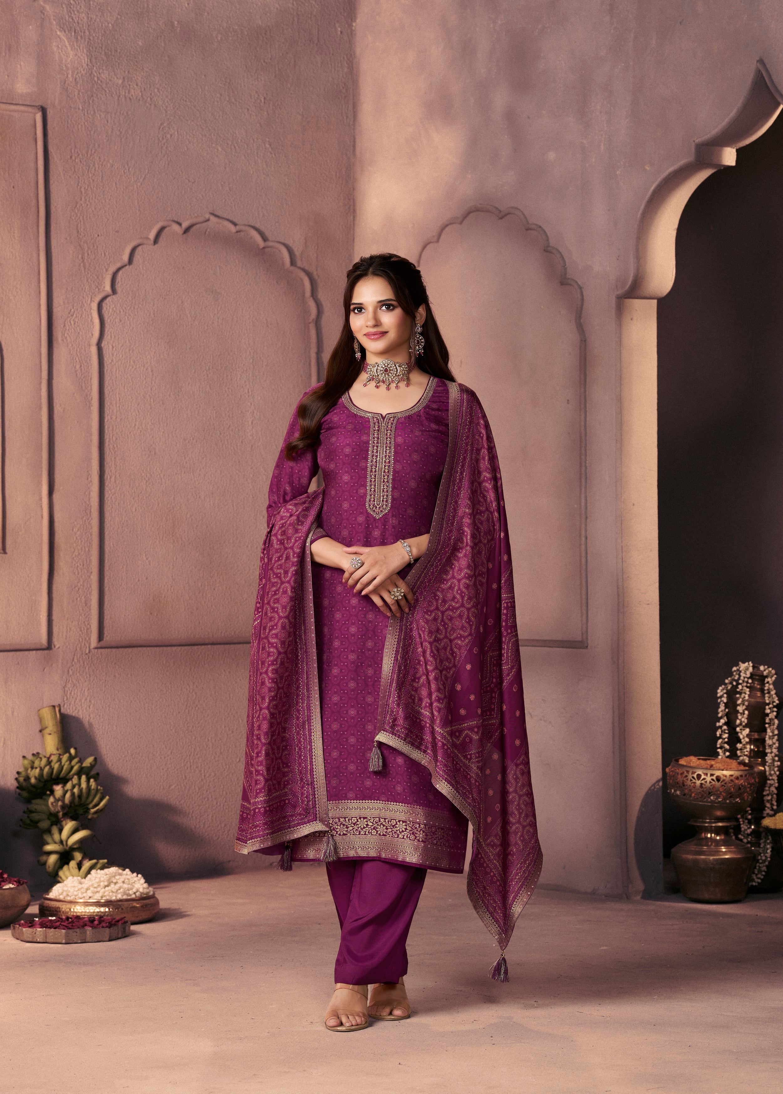 Magenta Purple Printed Dola Silk Pant Set