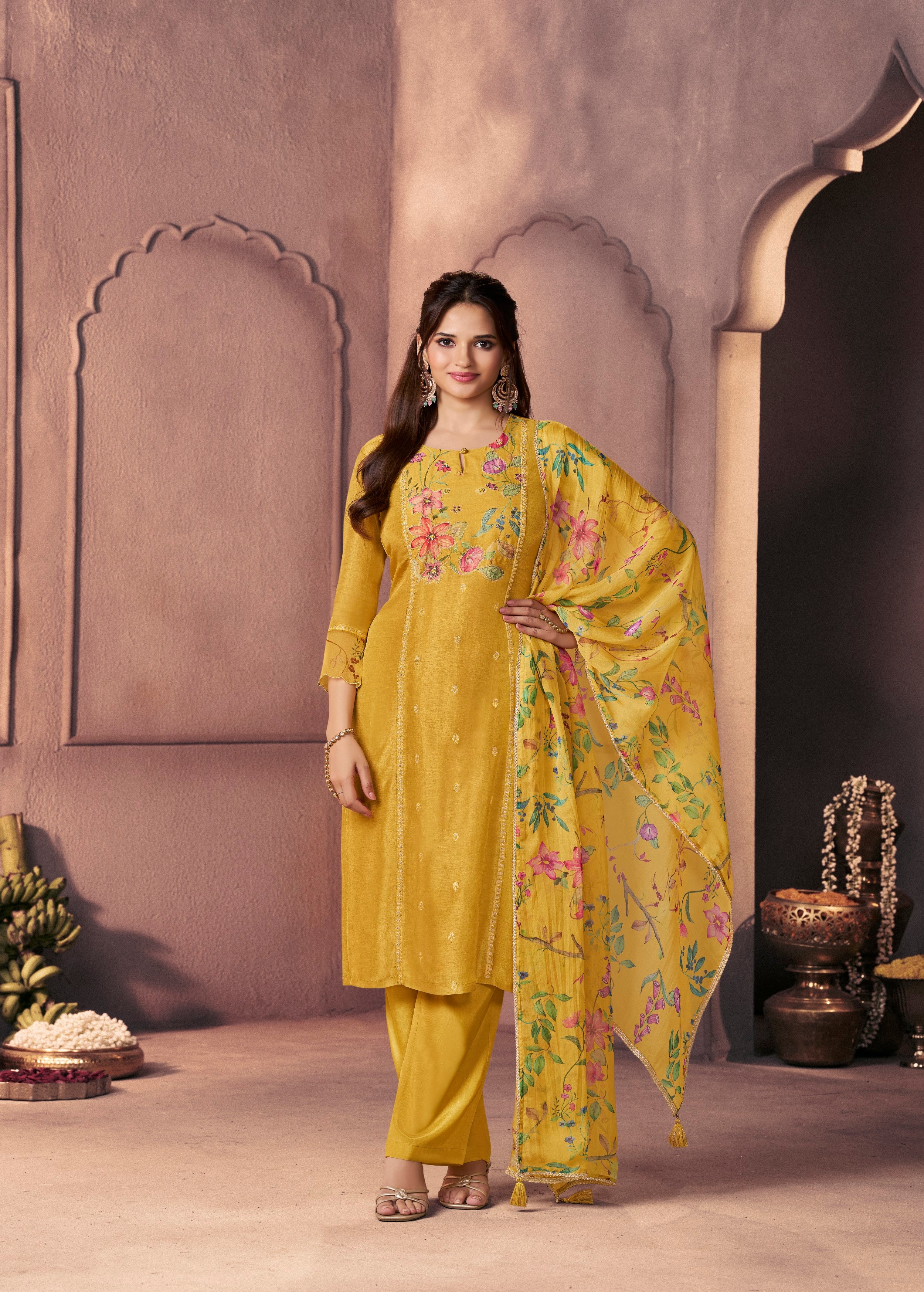 Golden Yellow Printed Dola Silk Pant Set