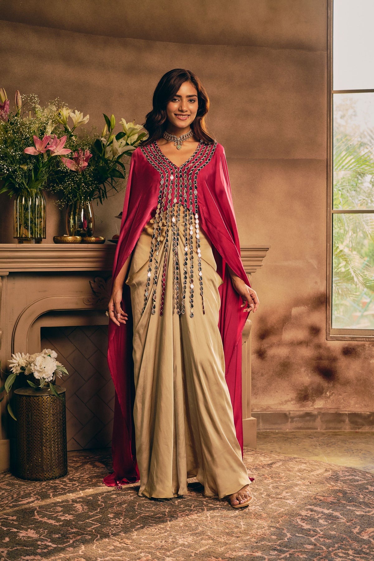 Bloom Pink Embellished Satin Silk Skirt Set