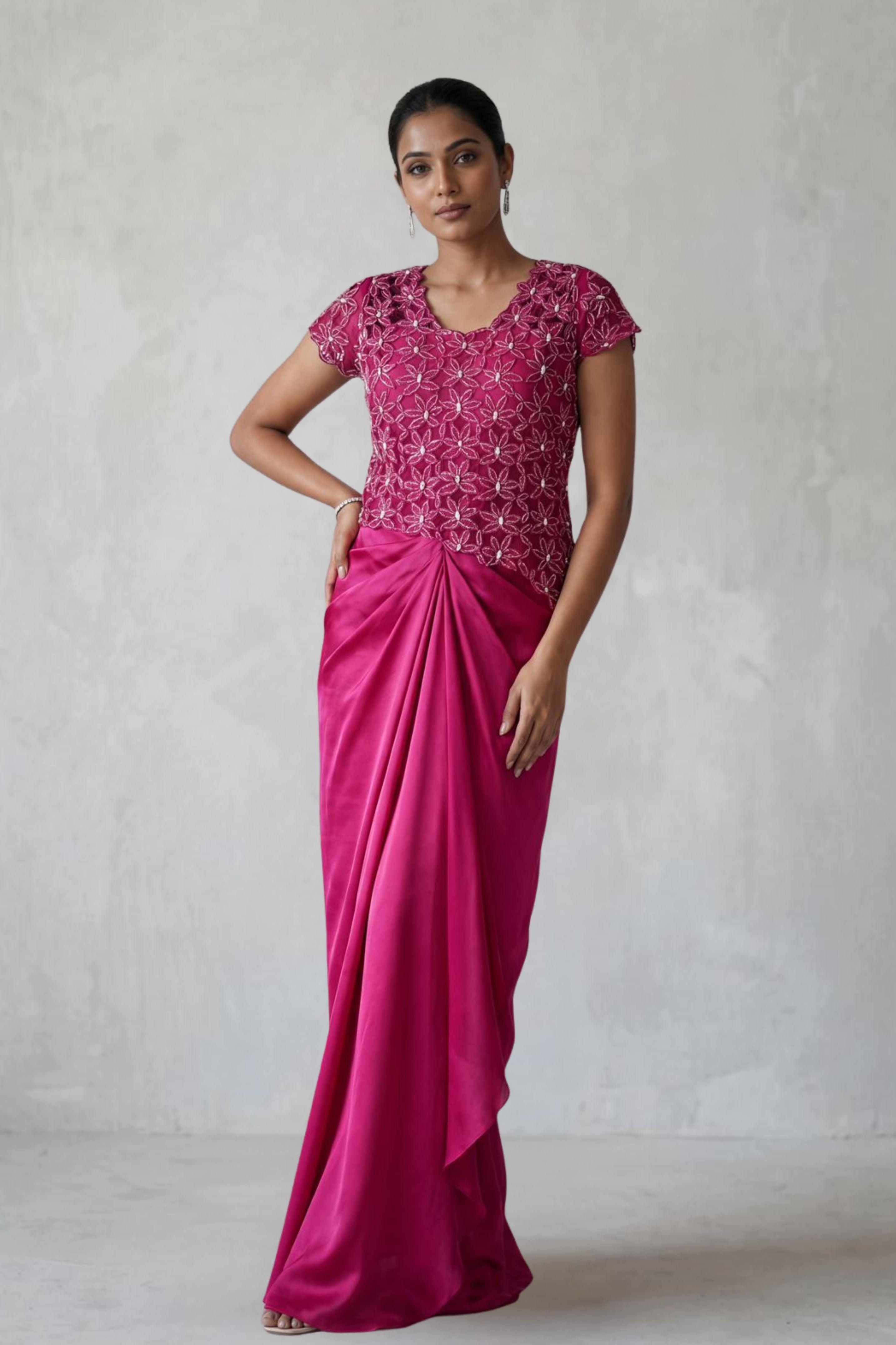 Rani pink Embellished Satin Georgette Silk Skirt Set