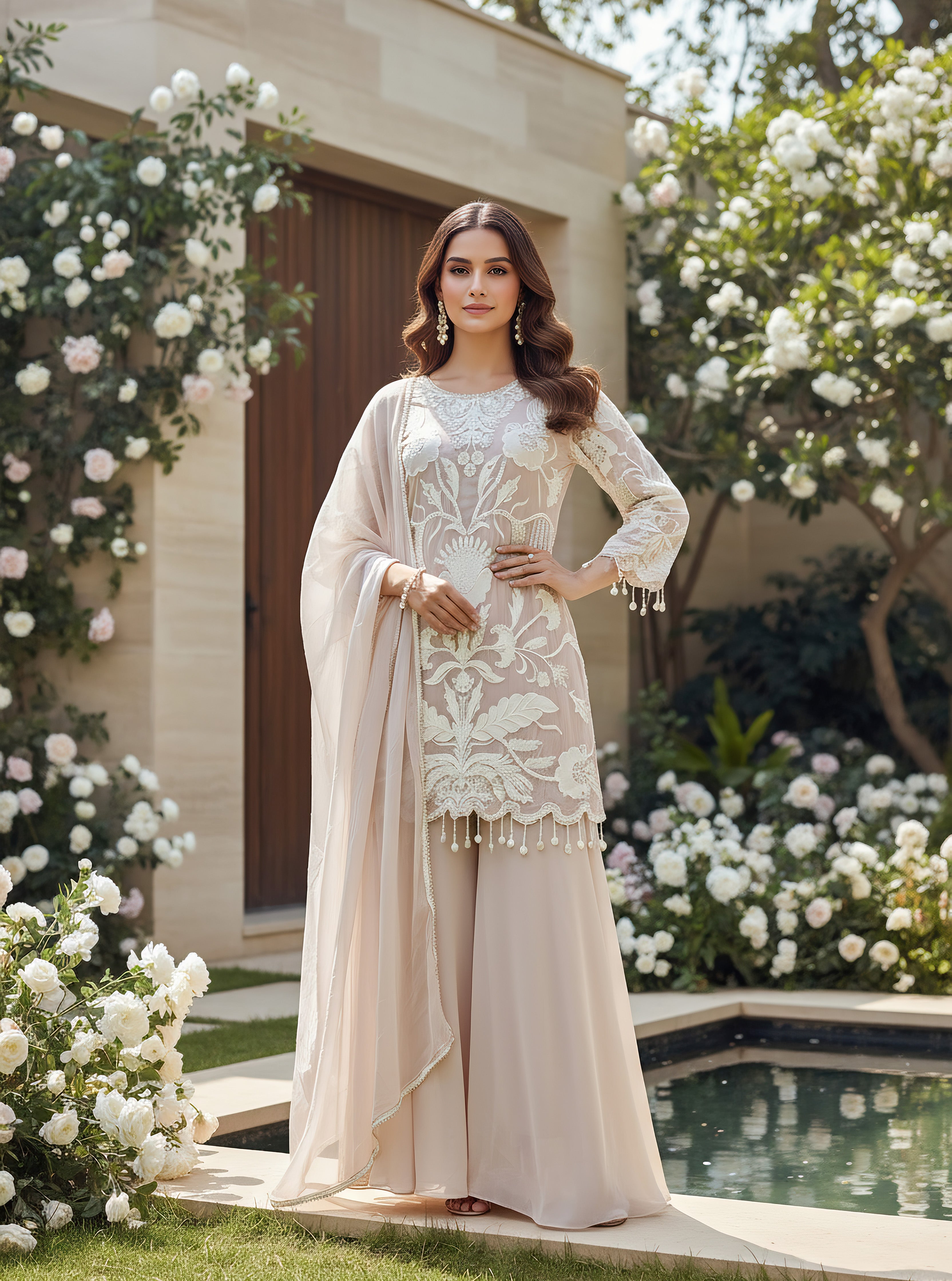 Pastel Blossom Embellished Georgette Silk Palazzo Set