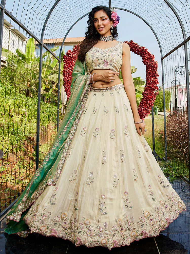 Cream & Green Embellished Shimmer Tissue Silk Lehenga Set