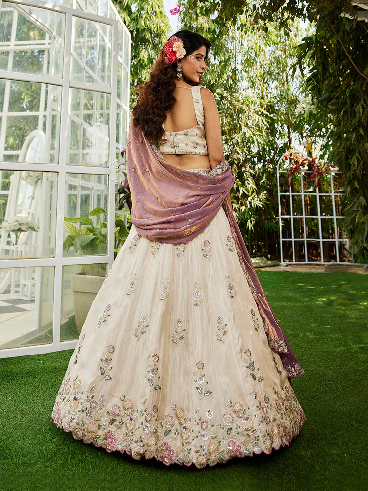Cream & Lavender Embellished Shimmer Tissue Silk Lehenga Set