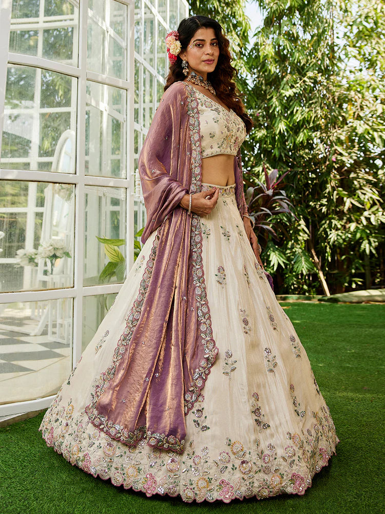 Cream & Lavender Embellished Shimmer Tissue Silk Lehenga Set