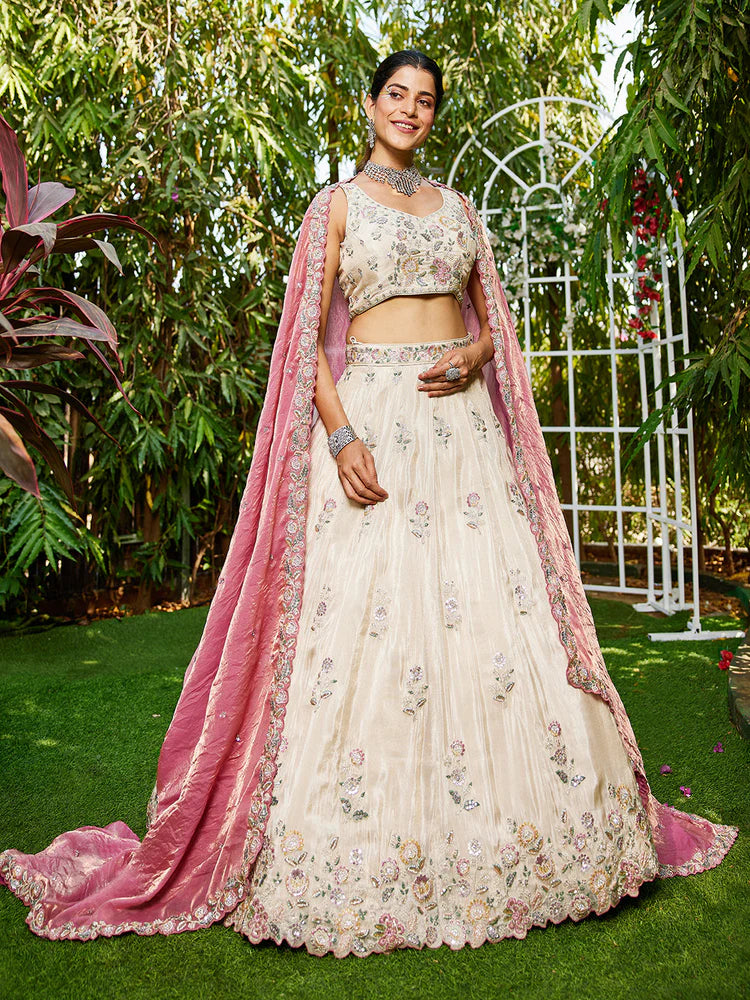 Cream & Pink Embellished Shimmer Tissue Silk Lehenga Set