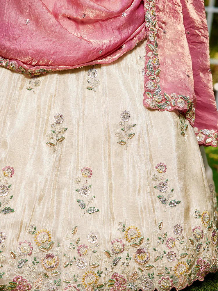 Cream & Pink Embellished Shimmer Tissue Silk Lehenga Set