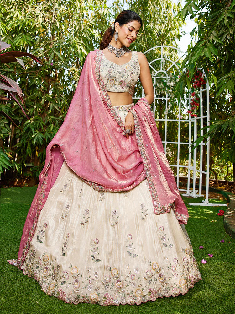 Cream & Pink Embellished Shimmer Tissue Silk Lehenga Set