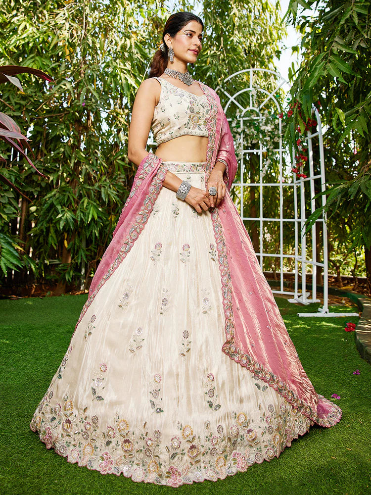 Cream & Pink Embellished Shimmer Tissue Silk Lehenga Set