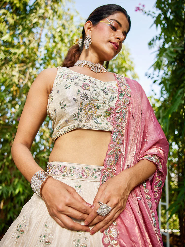 Cream & Pink Embellished Shimmer Tissue Silk Lehenga Set