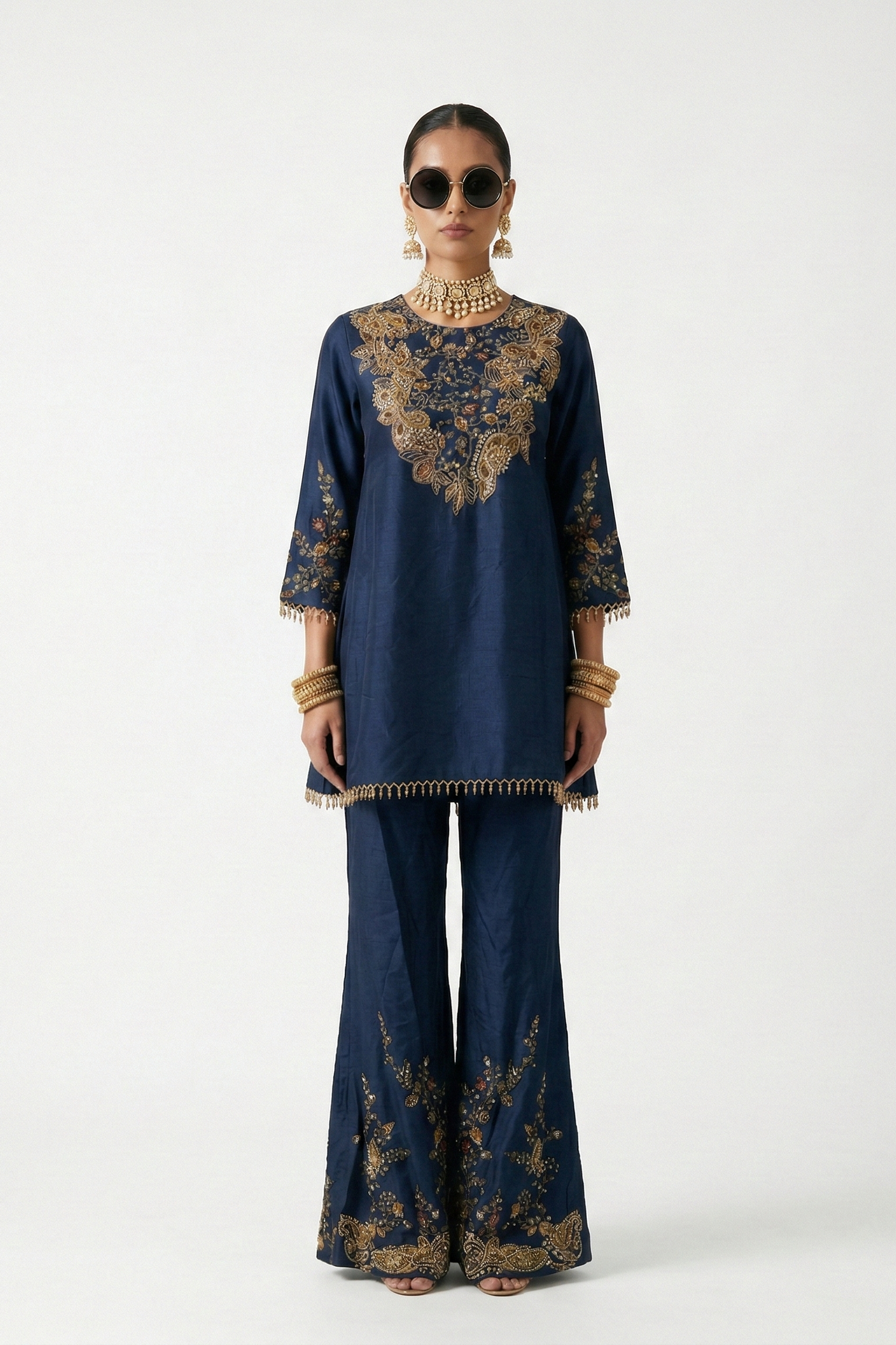 Phthalo Blue Embroidered Dola Silk Palazzo Set