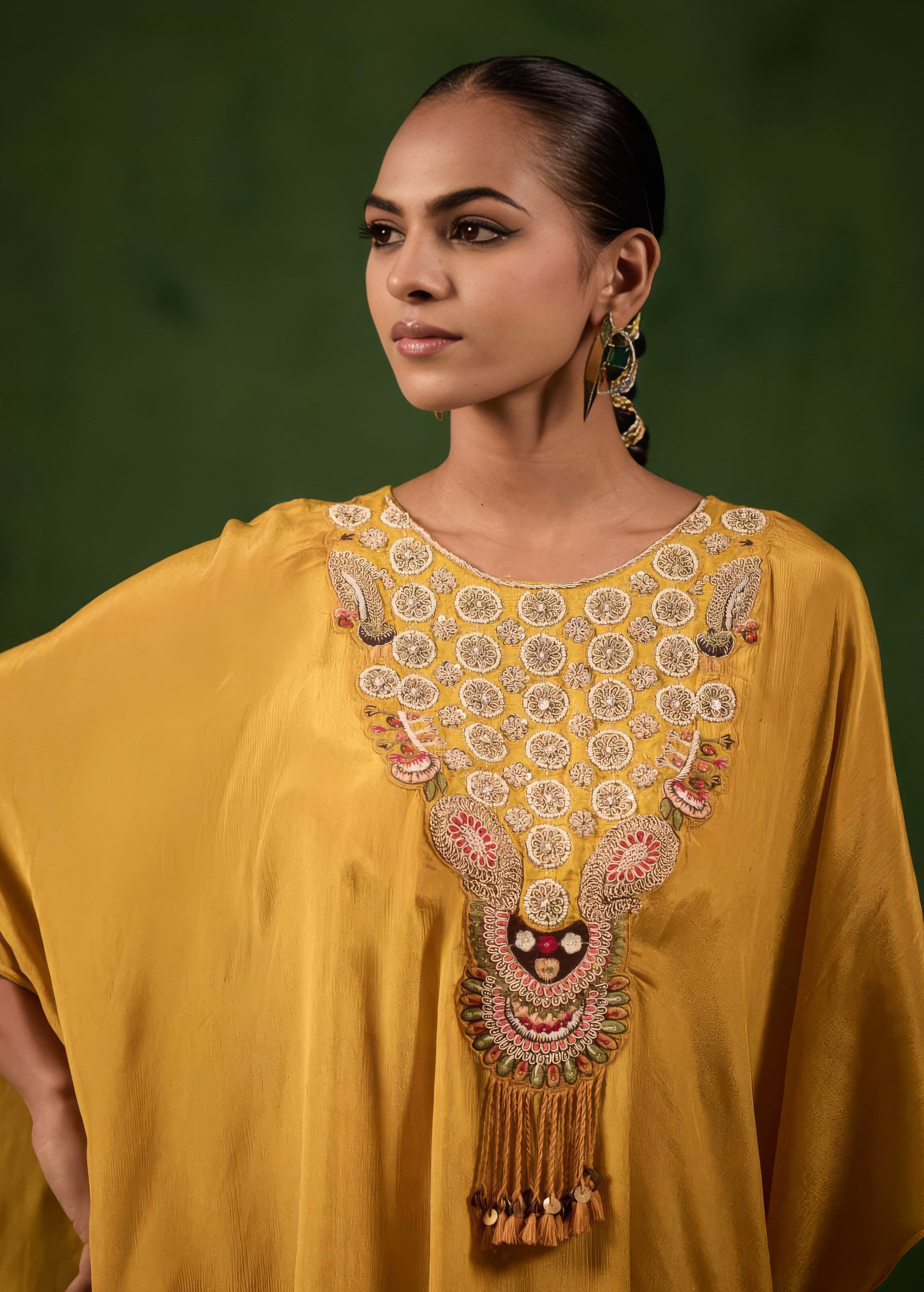Golden Mustard Embellished Chinon Silk Kaftan Set