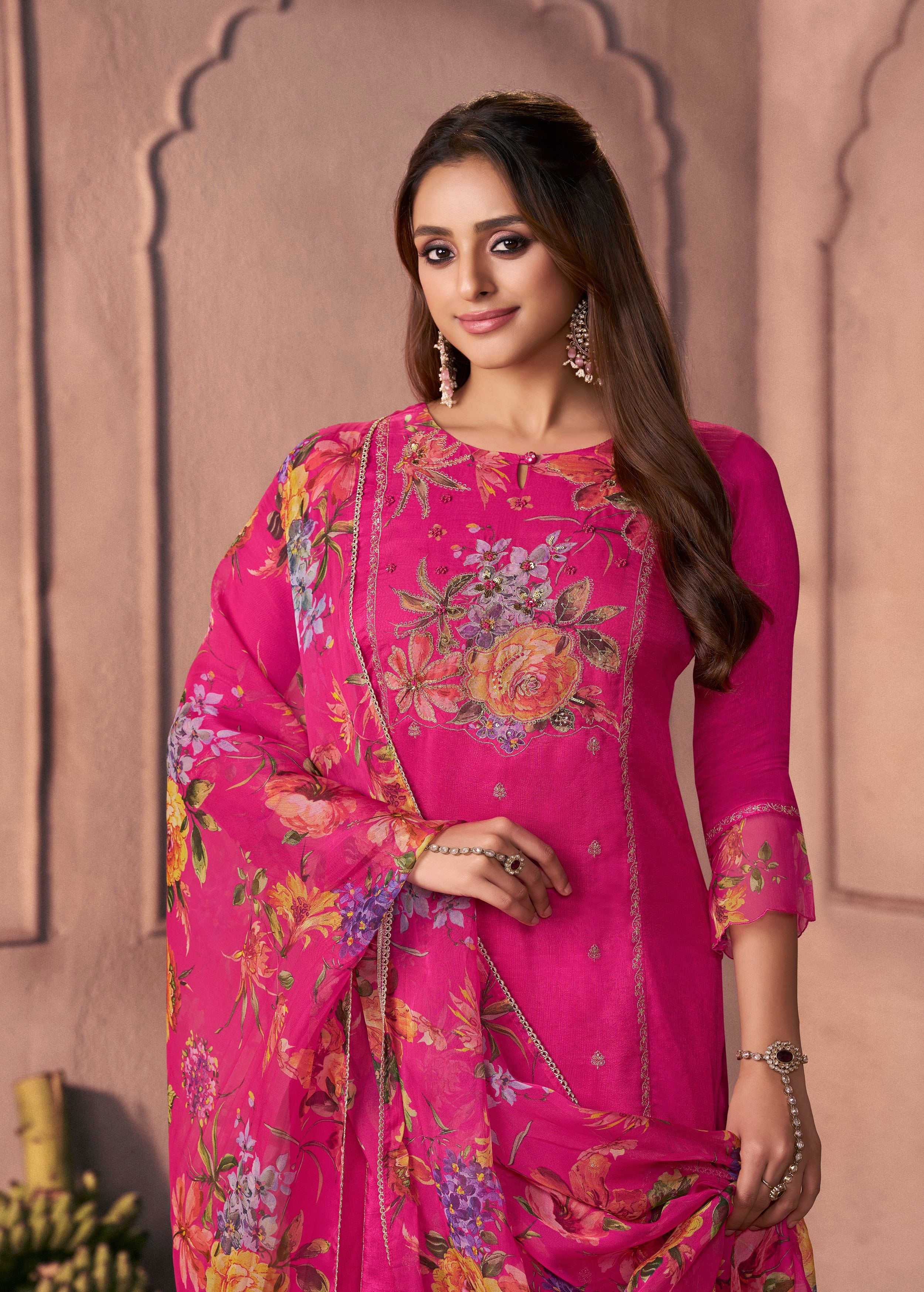 Ruby Pink Printed Dola Silk Pant Set
