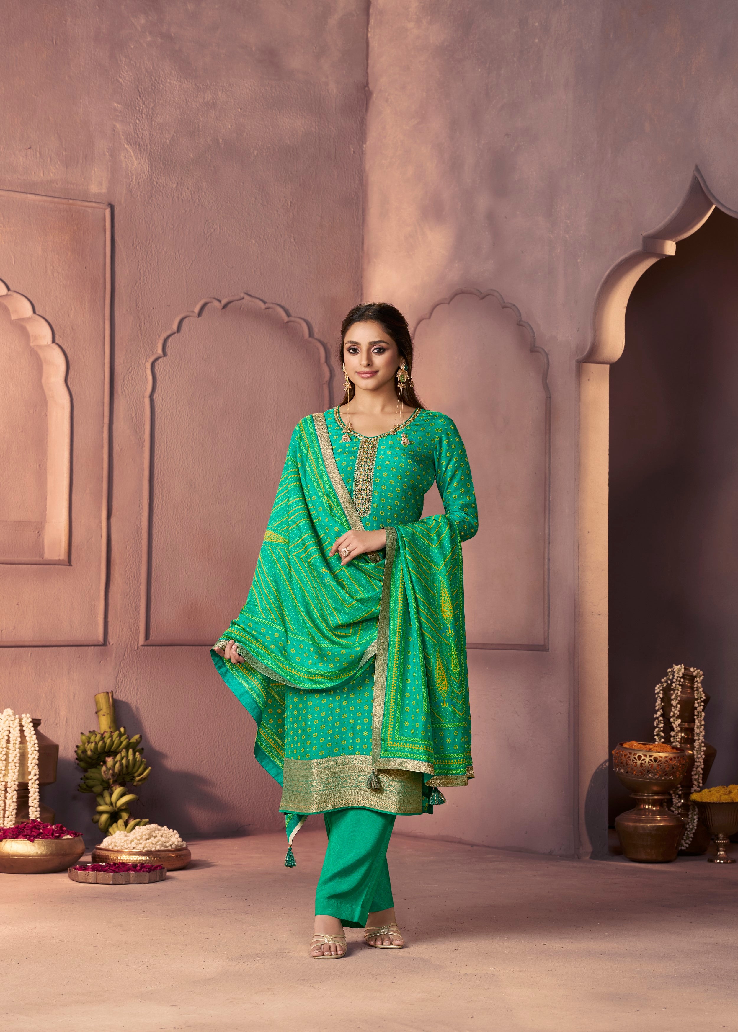 Bright Green Printed Dola Silk Pant Set